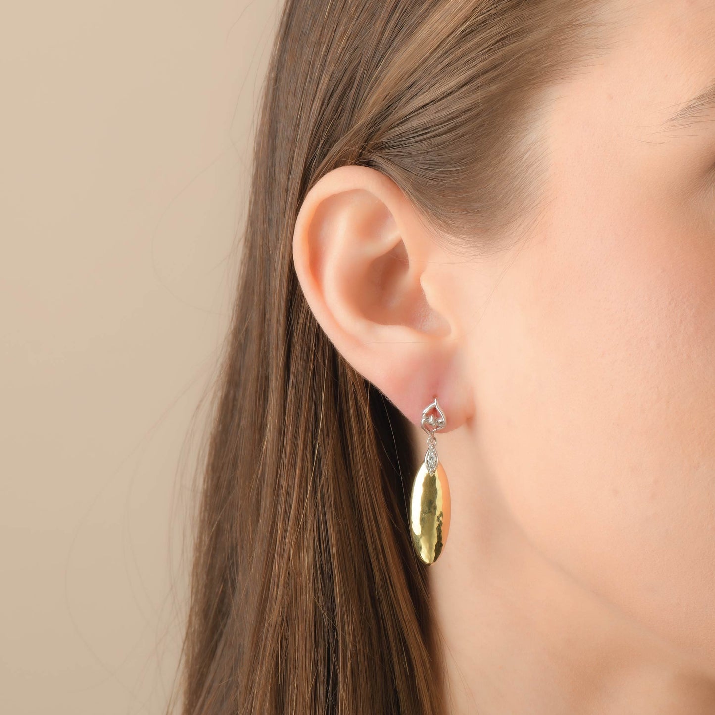 Teardrop Earrings | Hammer Pressed Yellow Gold White Sapphire Teardrop Earrings