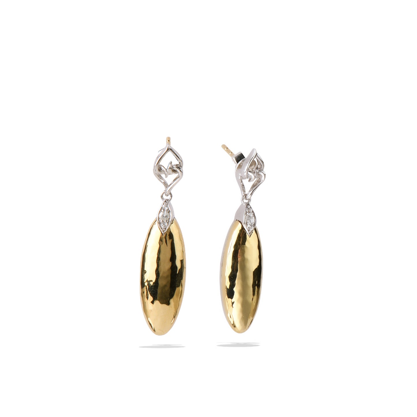 Teardrop Earrings | Hammer Pressed Yellow Gold White Sapphire Teardrop Earrings