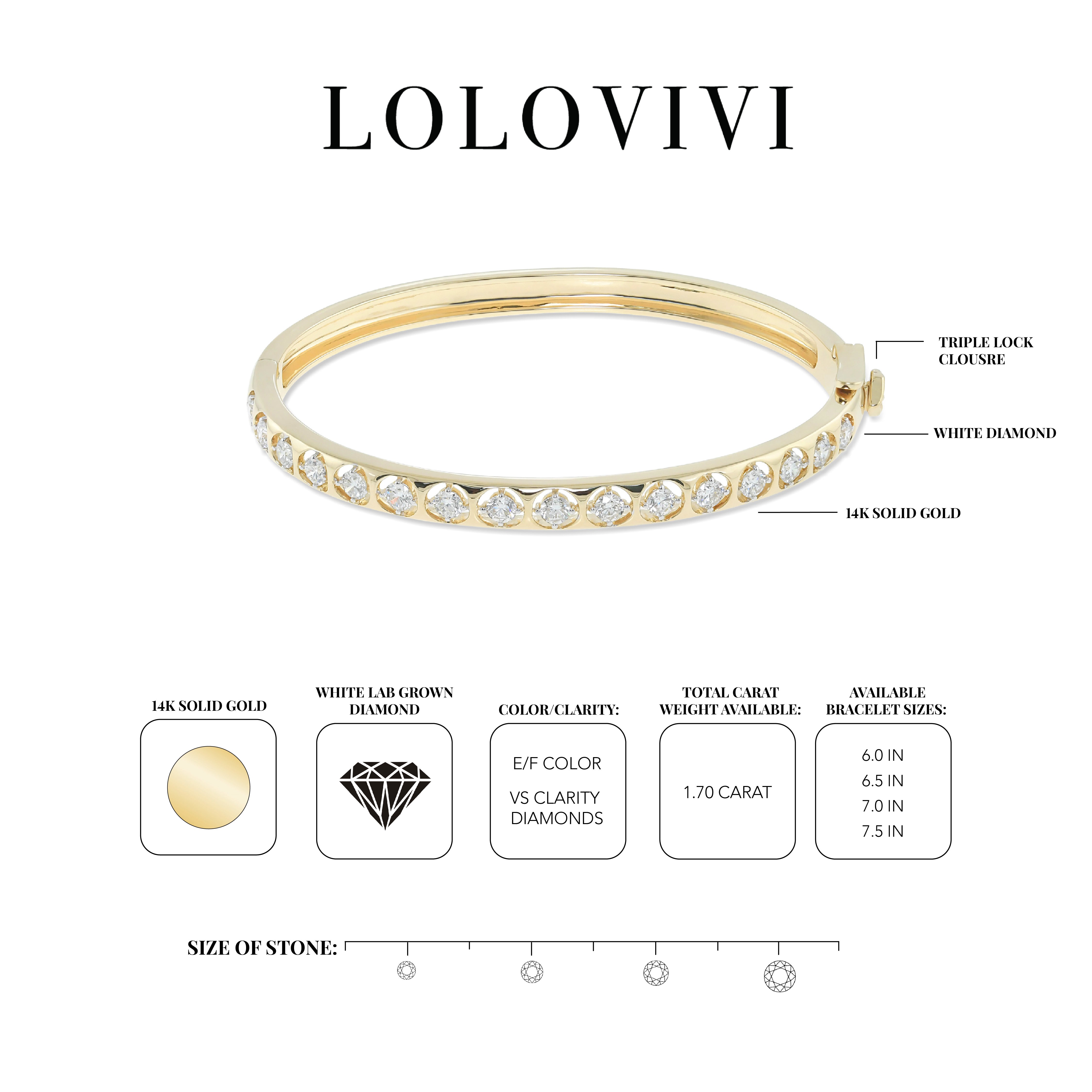 14K solid gold bangle bracelet with white diamonds and triple lock closure.