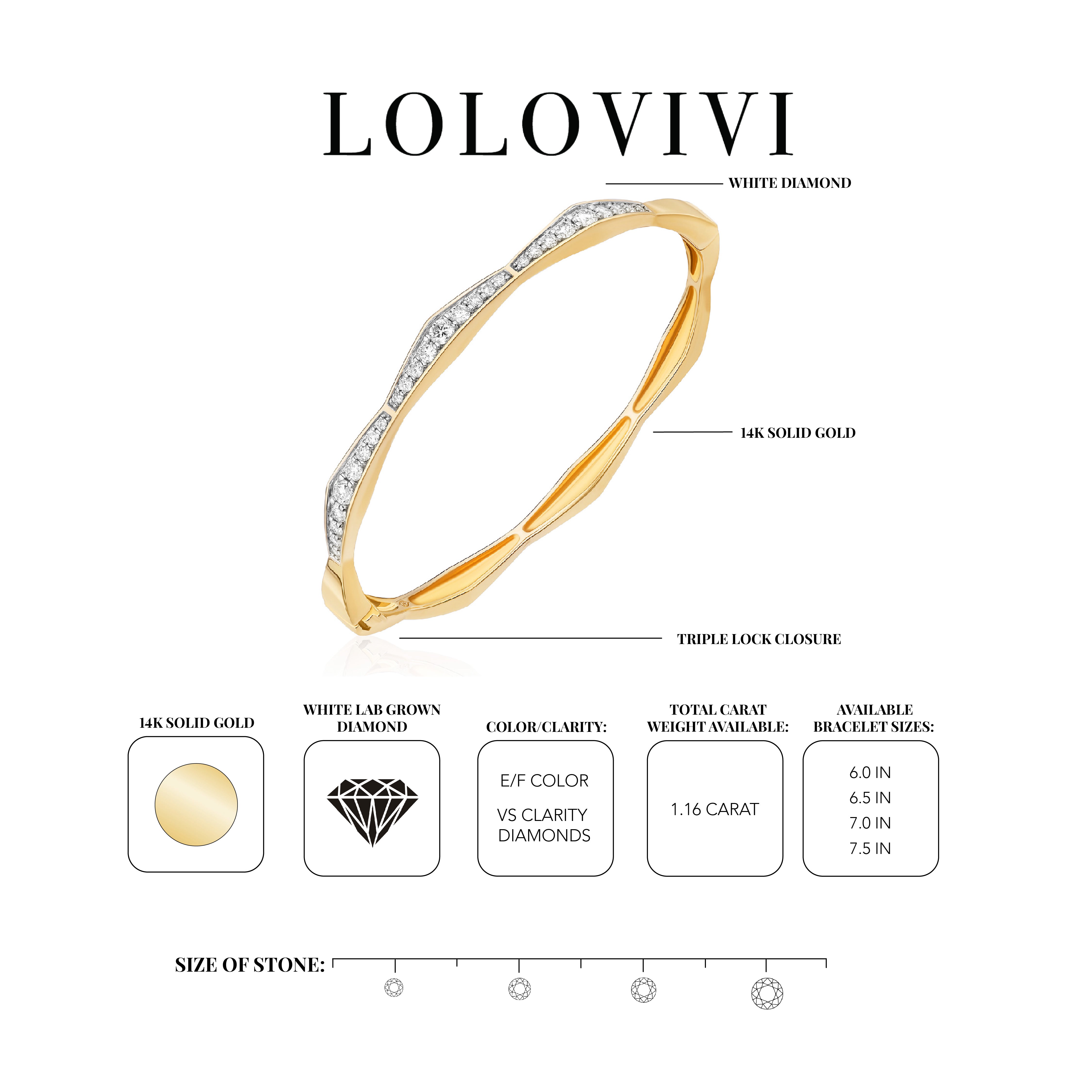 14K solid gold bangle bracelet with white diamonds and triple lock closure.