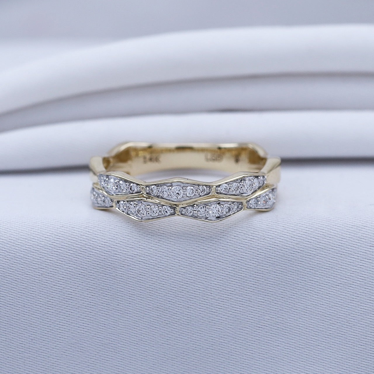 14K solid gold ring with lab-grown white diamonds in a double stack design.
