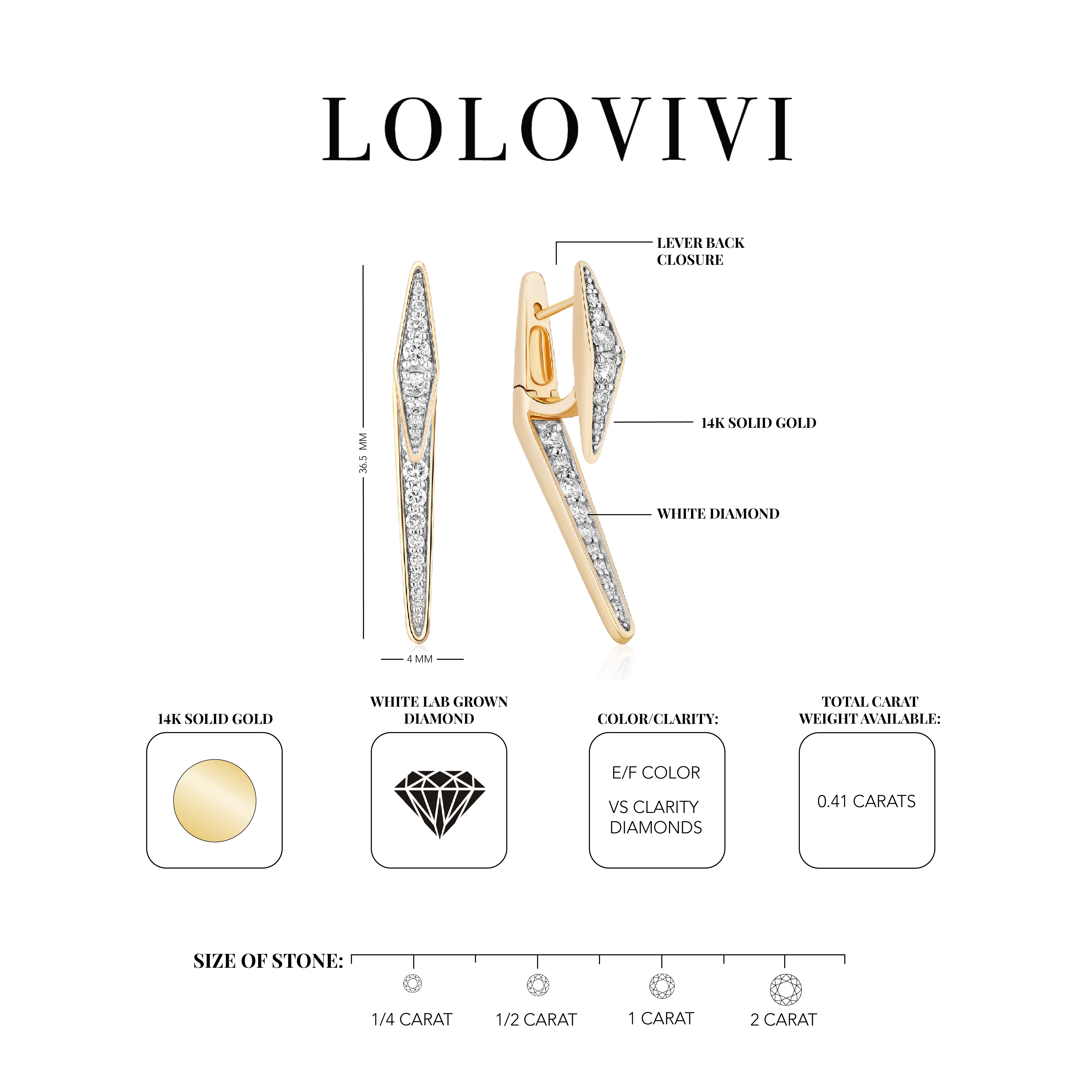 14K solid gold earrings with white diamonds and lever back closure.