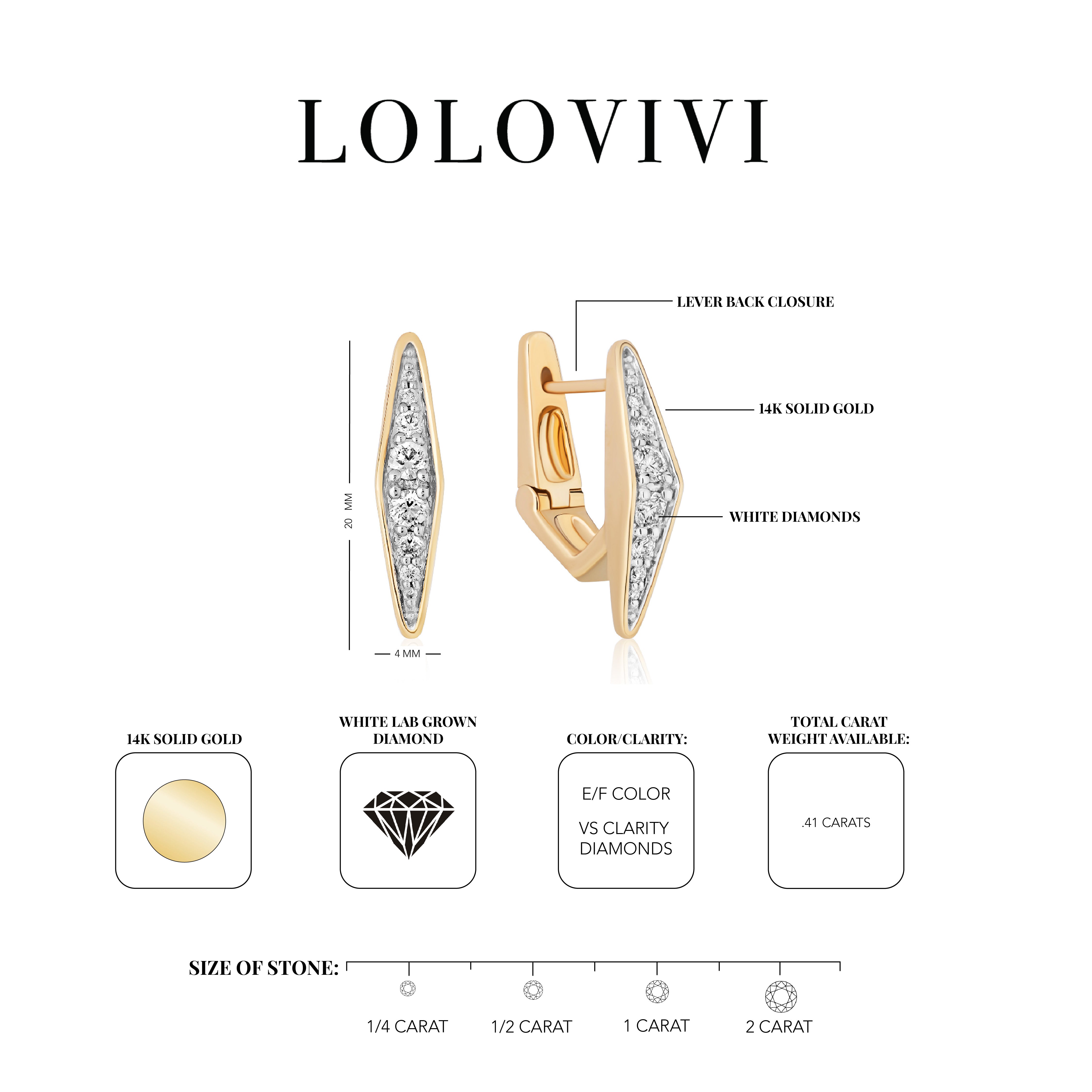 14K solid gold diamond earrings with elongated design and sparkling stones.
