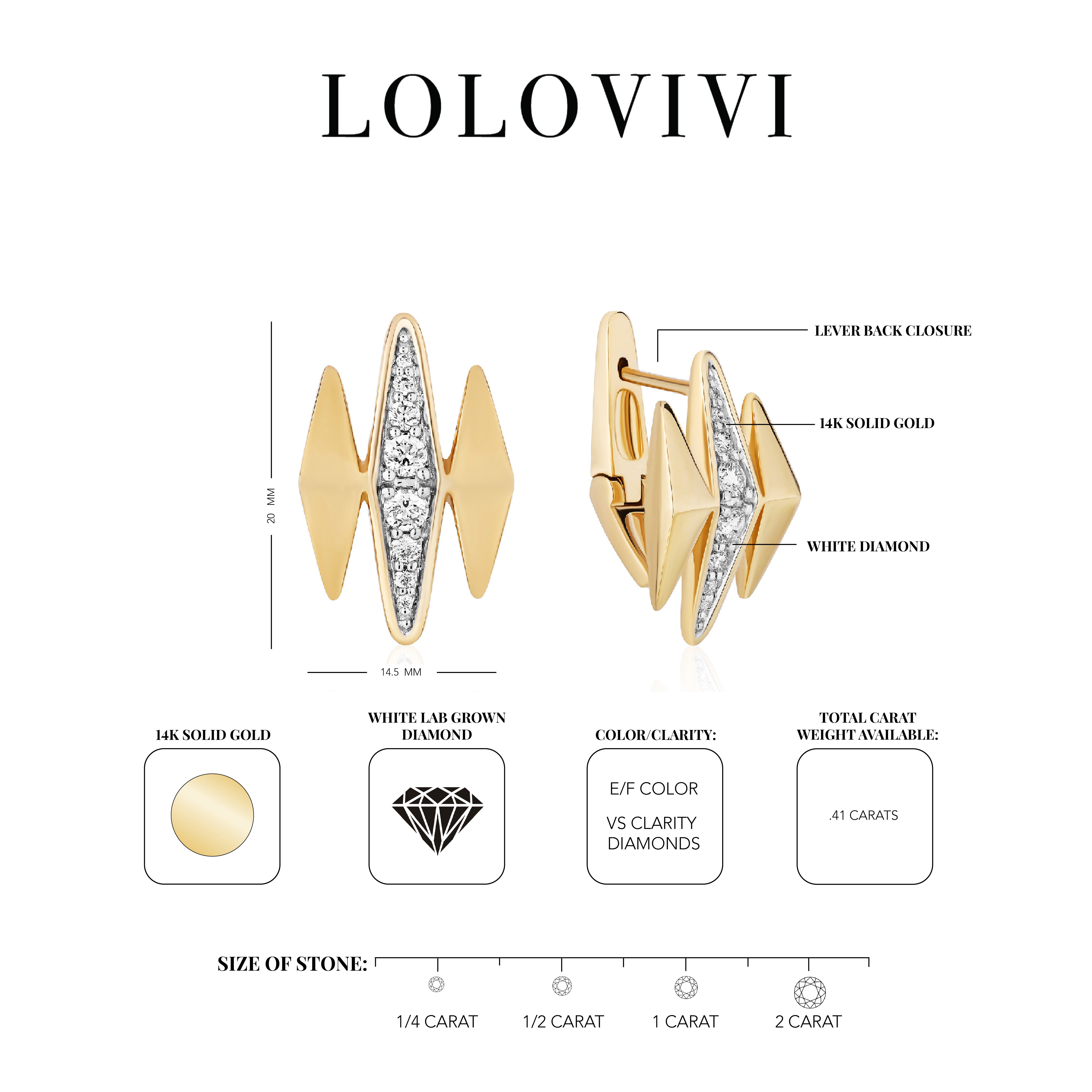 14K solid gold earrings with white lab-grown diamonds and lever back closure.