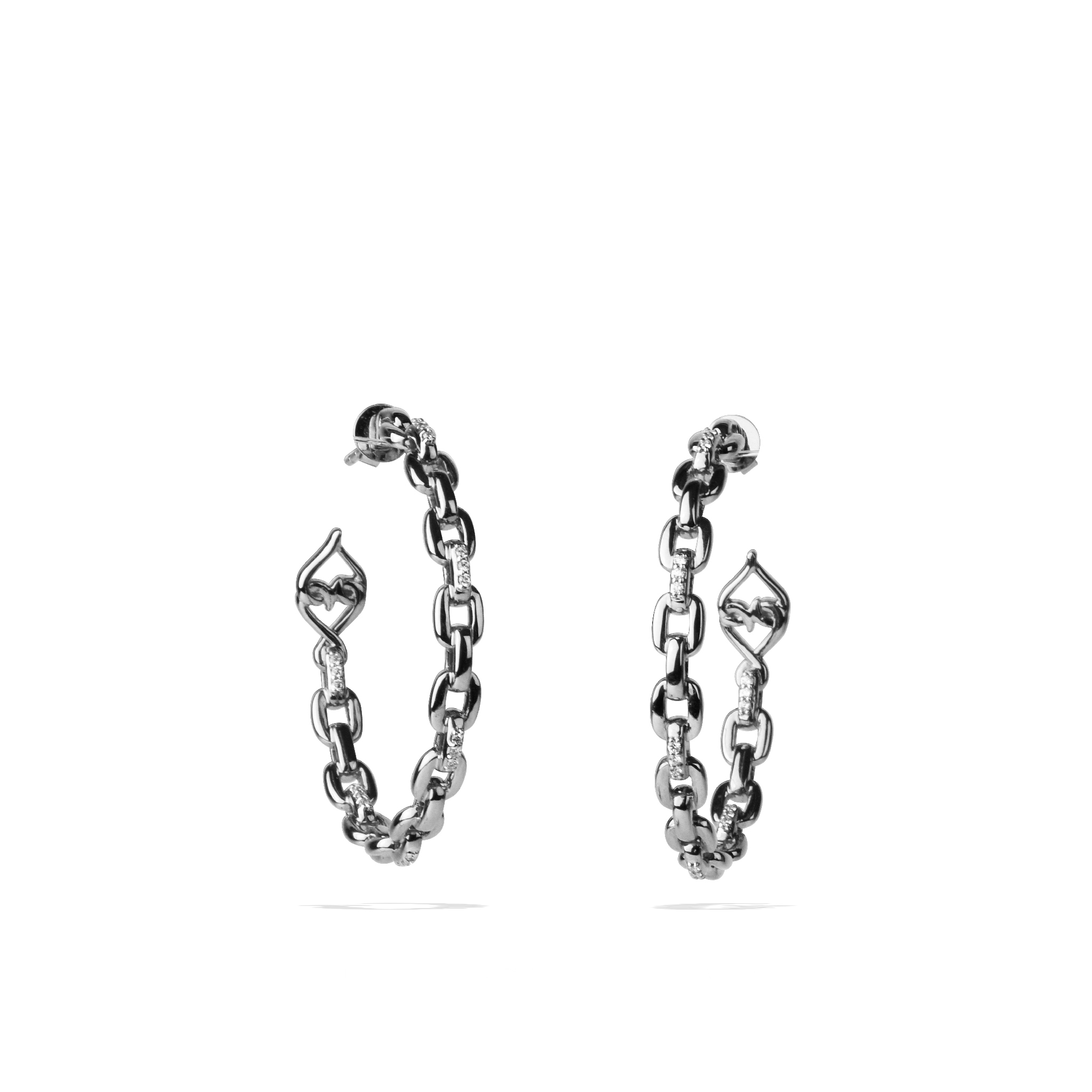 14K solid gold hoop earrings with chain design and white diamonds.