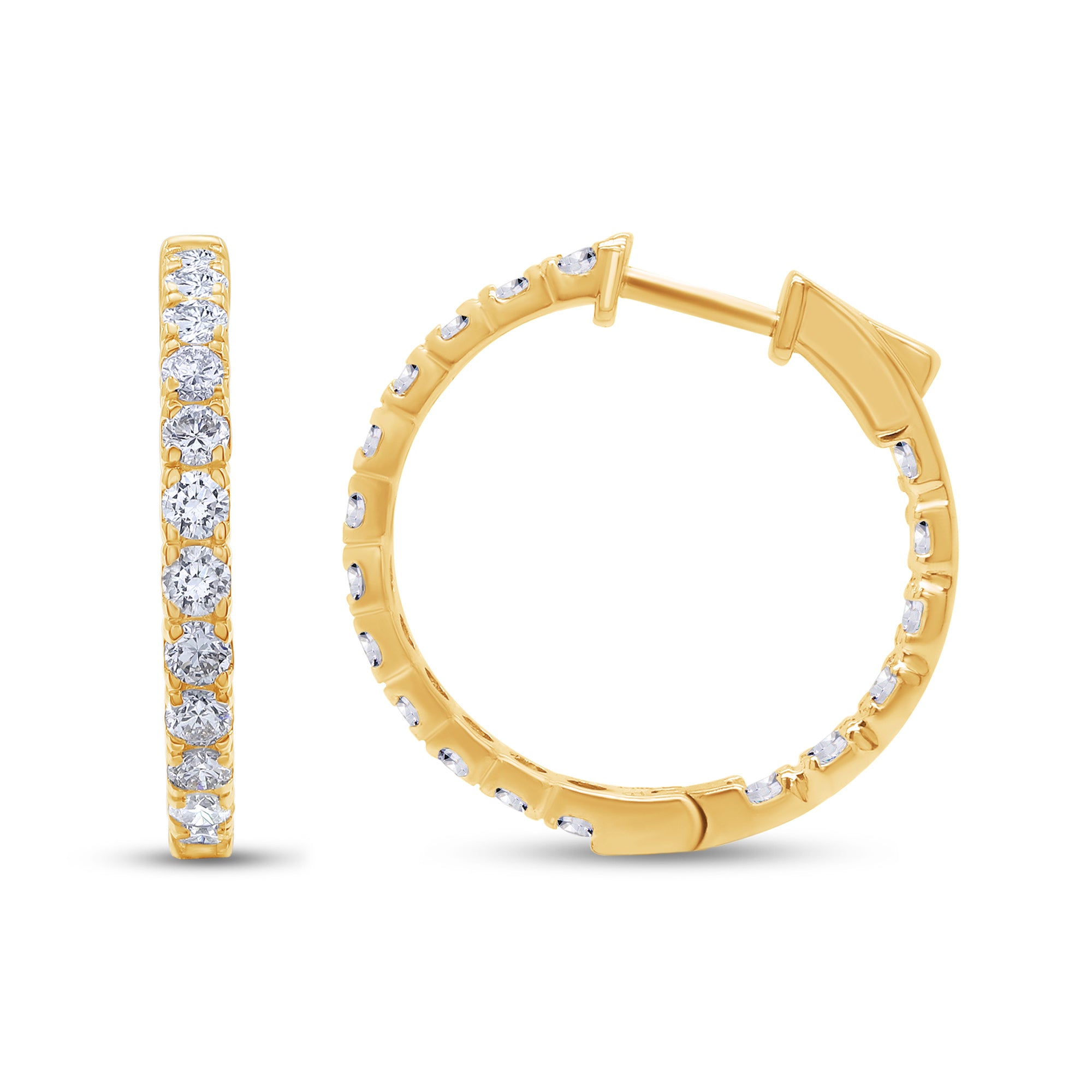 Gold hoop earrings with embedded diamonds on a white background