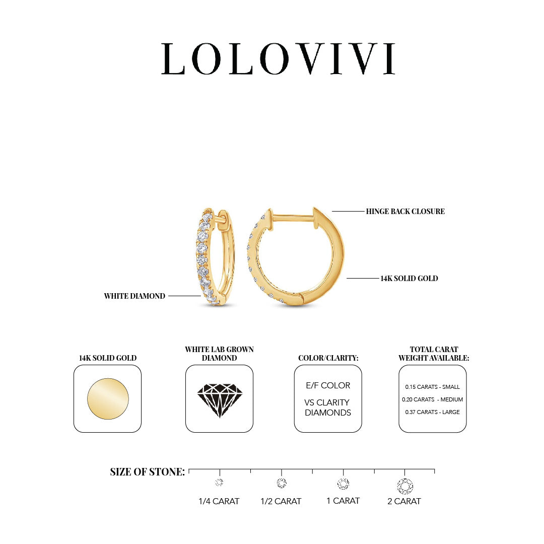 14K solid gold huggie hoops with white lab-grown diamonds and hinge back closure.