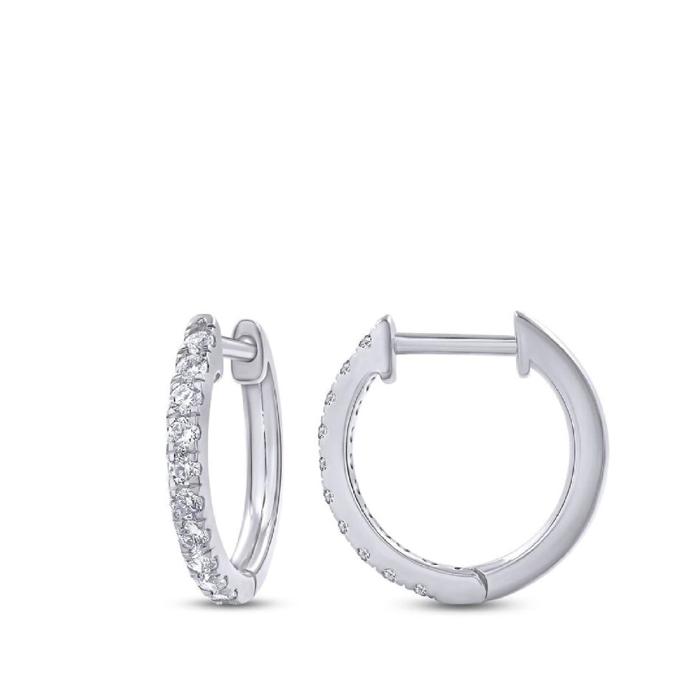 14K solid gold diamond huggie hoops with sparkling stones on a white background.