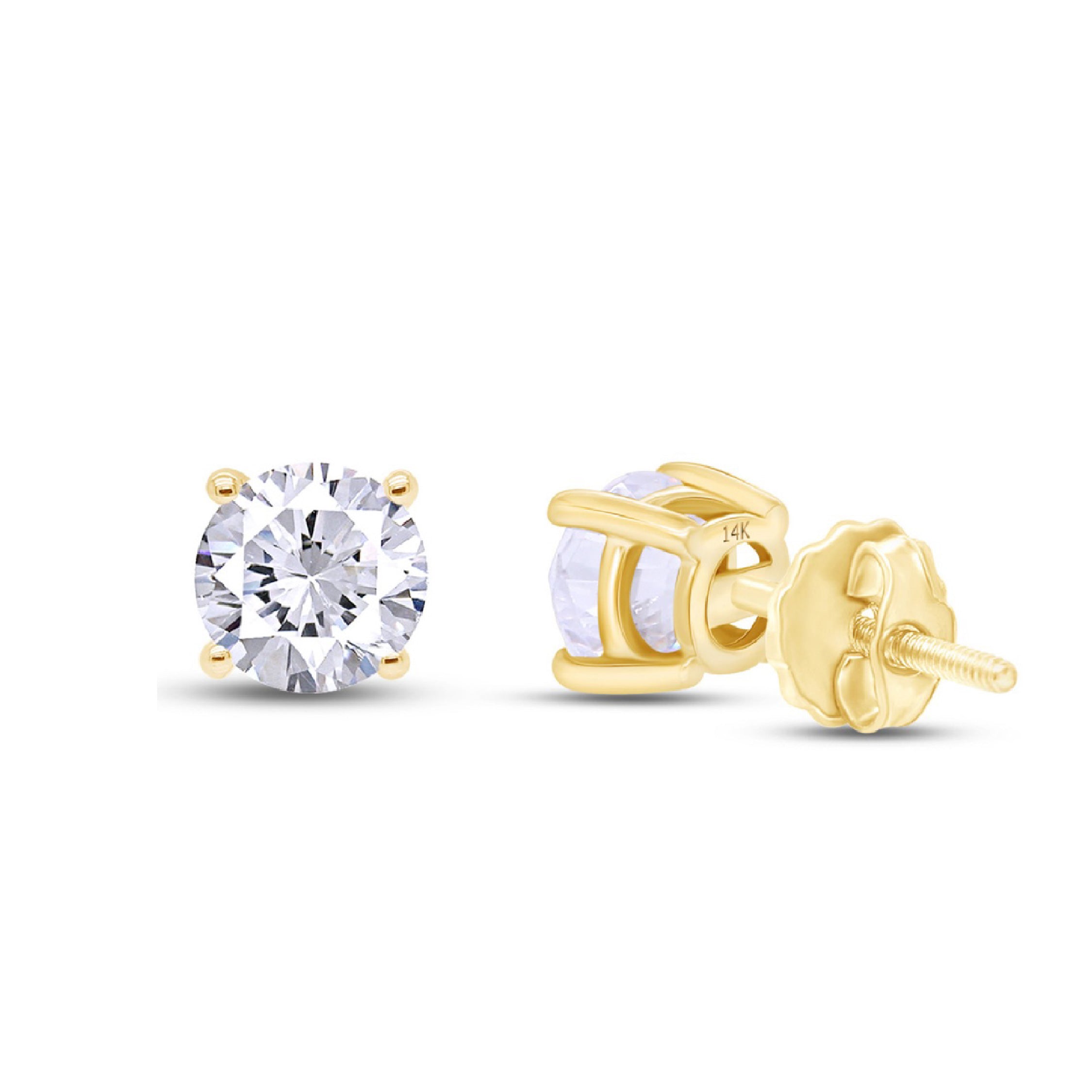 14K gold earrings with round white diamonds in four-prong setting.
