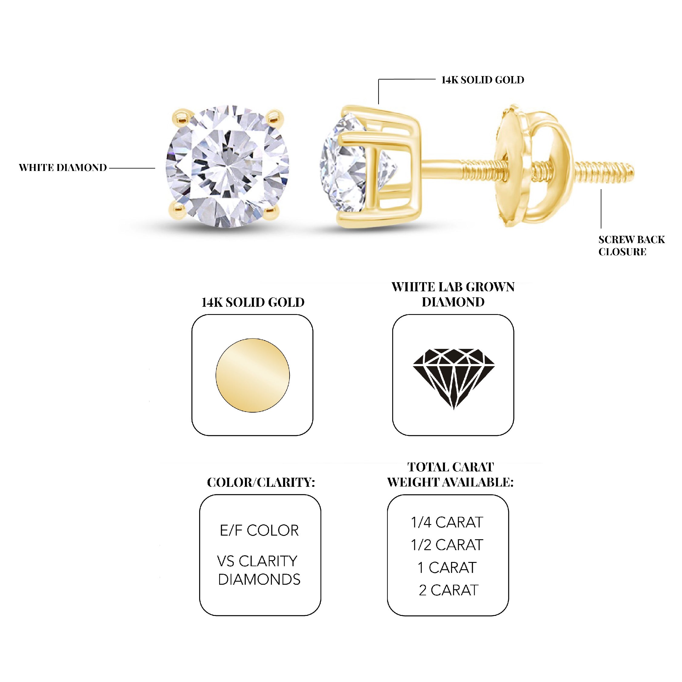 14K solid gold earrings with white lab-grown diamonds and screw back closure.