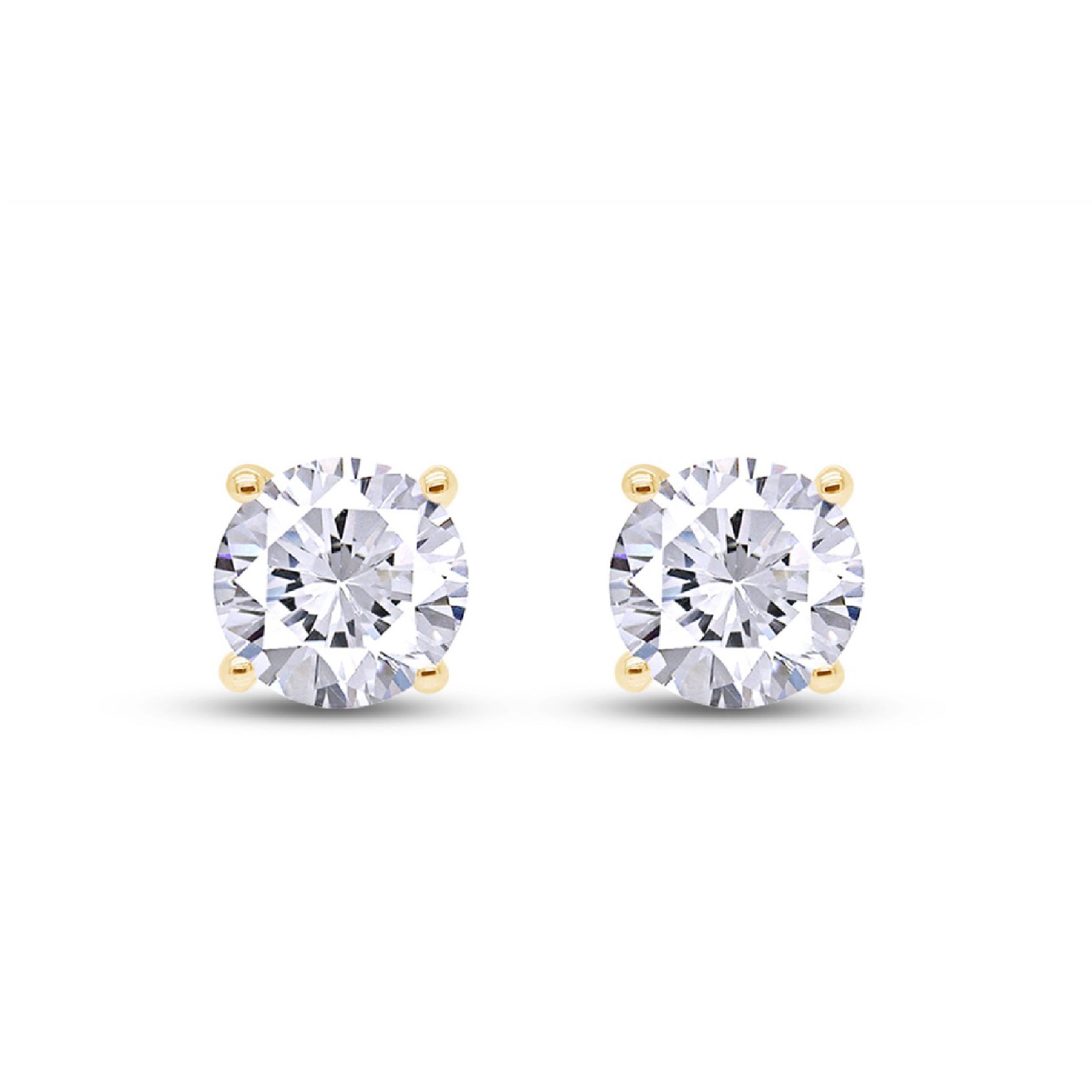 14K solid gold earrings with white diamonds in four-prong setting on white background.