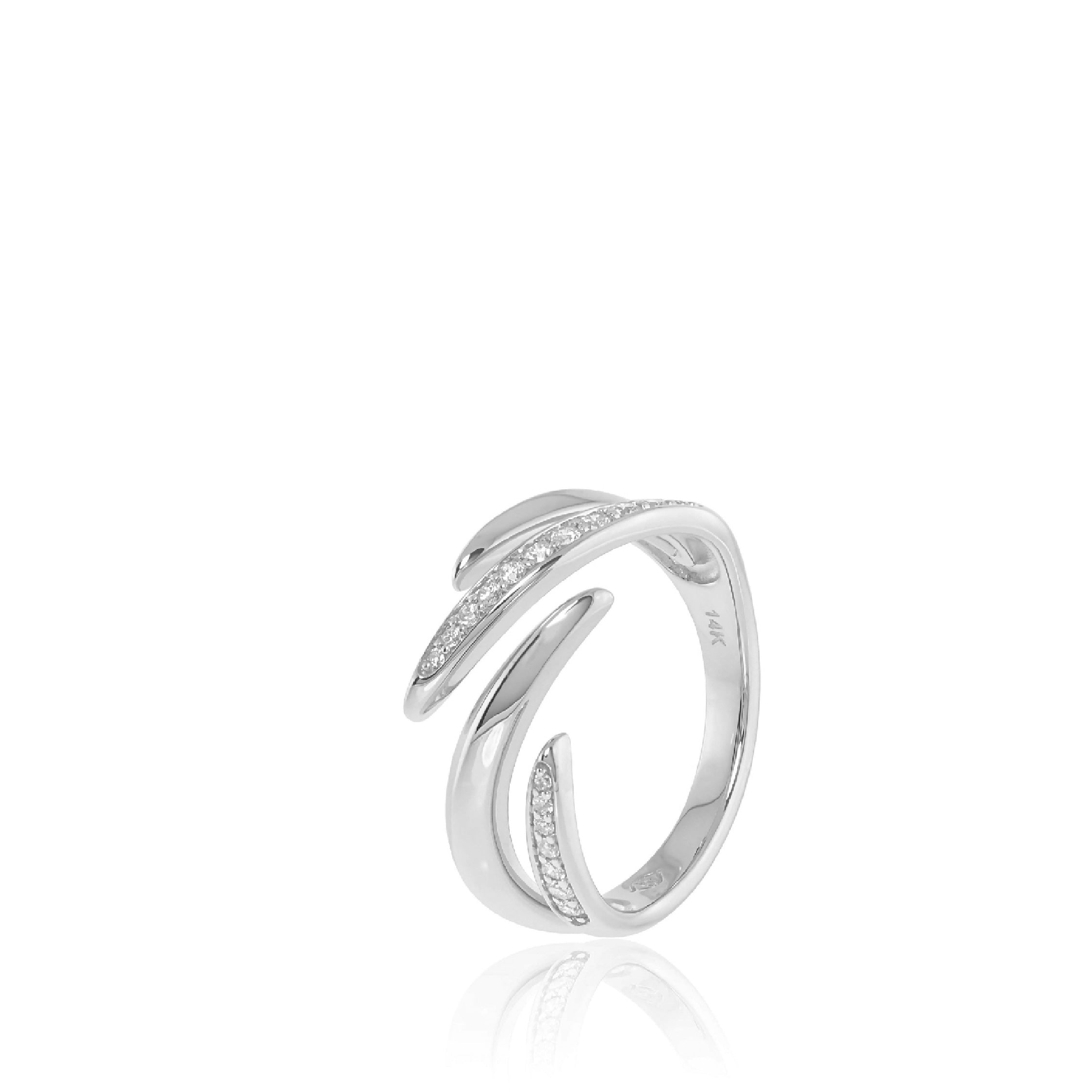 14K solid gold ring with a swirl design and embedded diamonds, elegant and modern style.