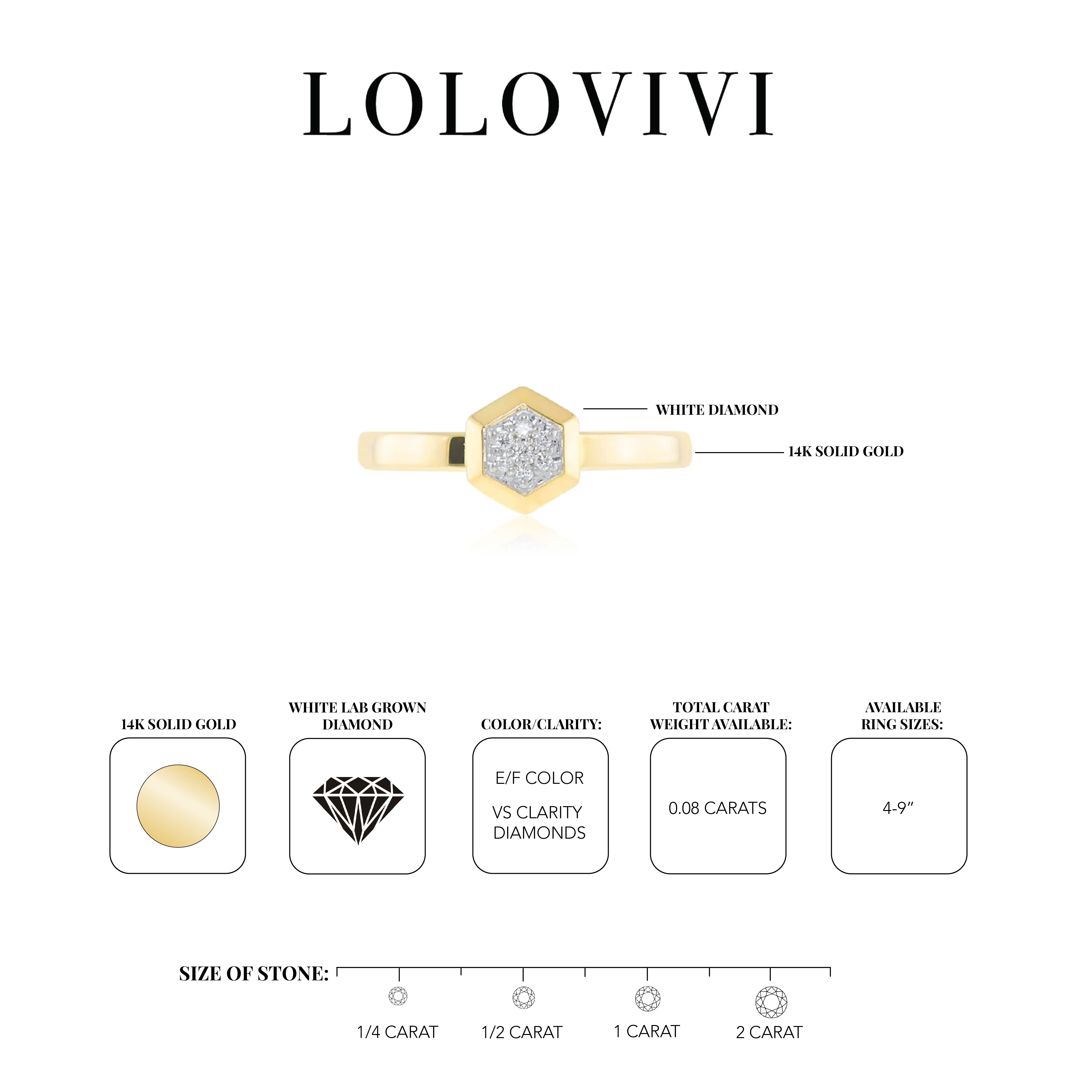 14K solid gold ring with hexagon diamond cluster setting on a white background.