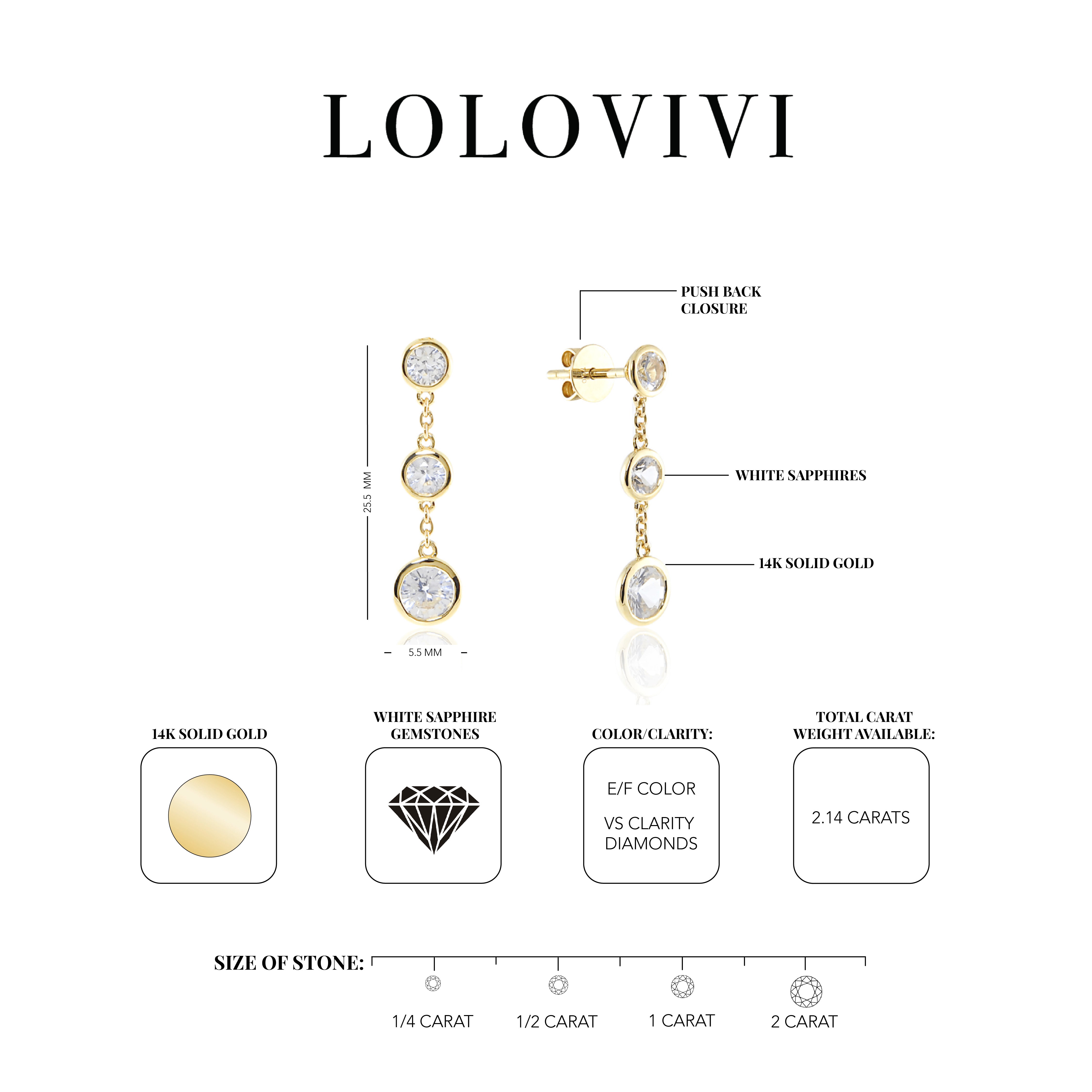 14K solid gold earrings with white sapphire gemstones in a three-stone swing design.