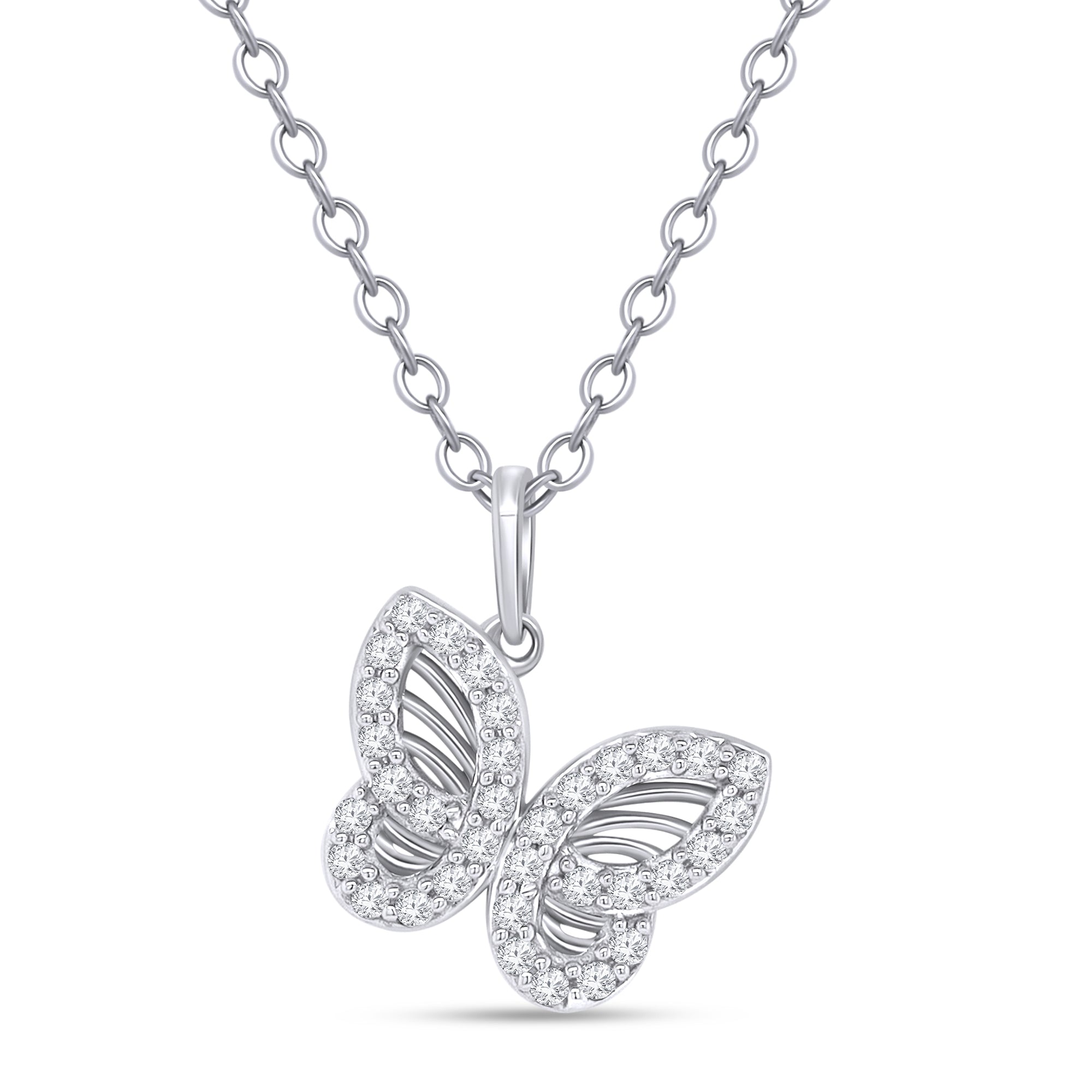 Butterfly-shaped pendant necklace on a white background