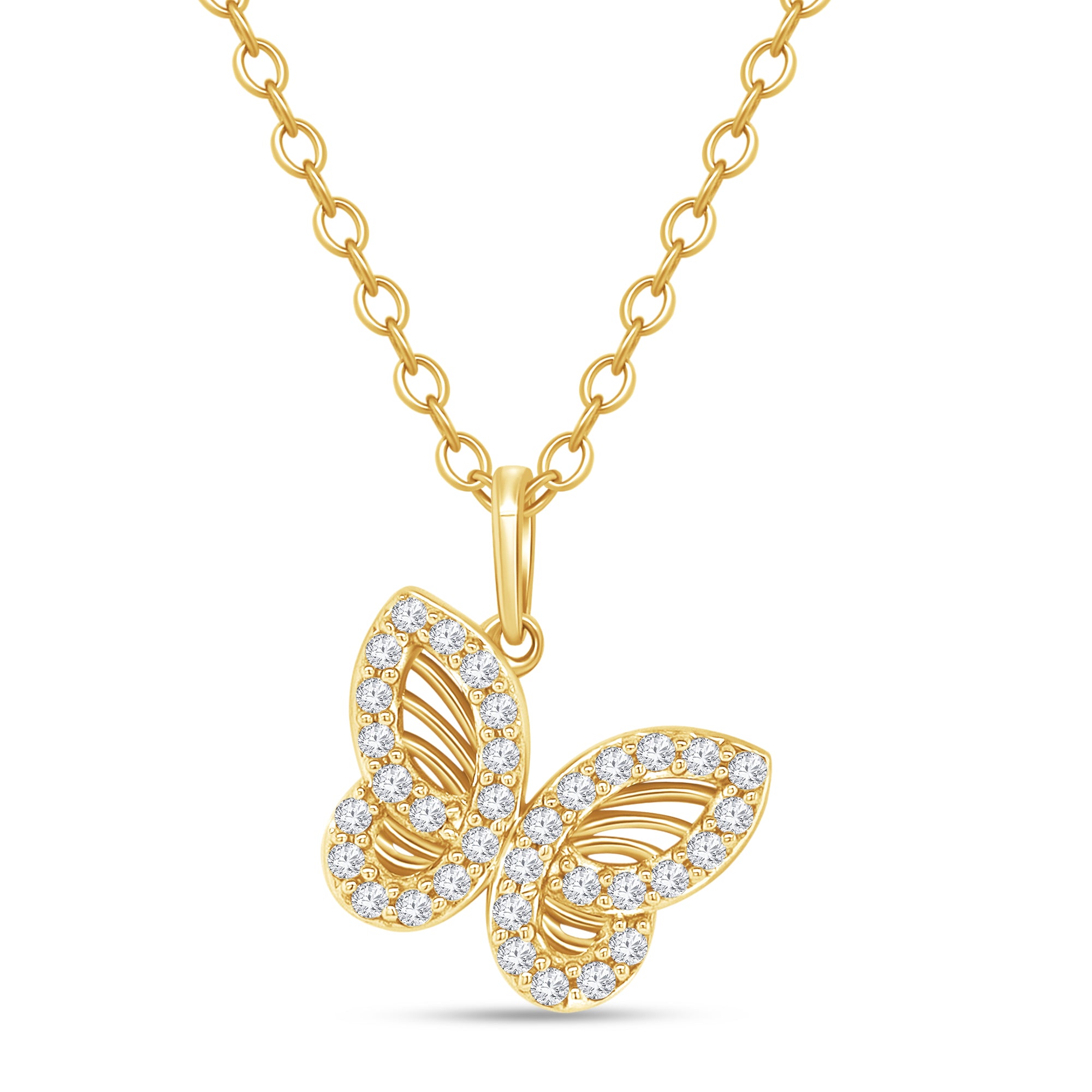 Gold butterfly pendant necklace with diamonds on a white background