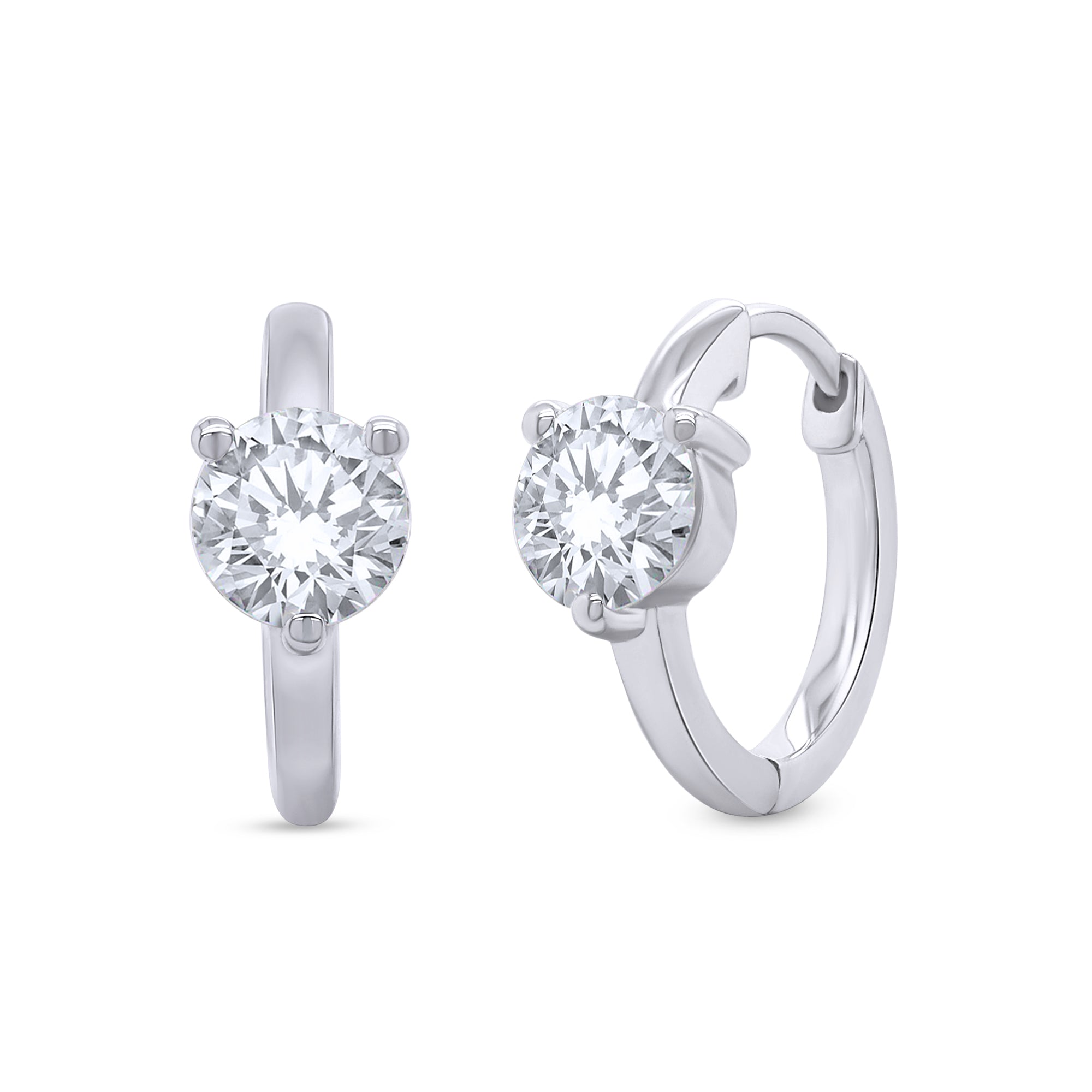 Pair of silver hoop earrings with clear gemstones on a white background