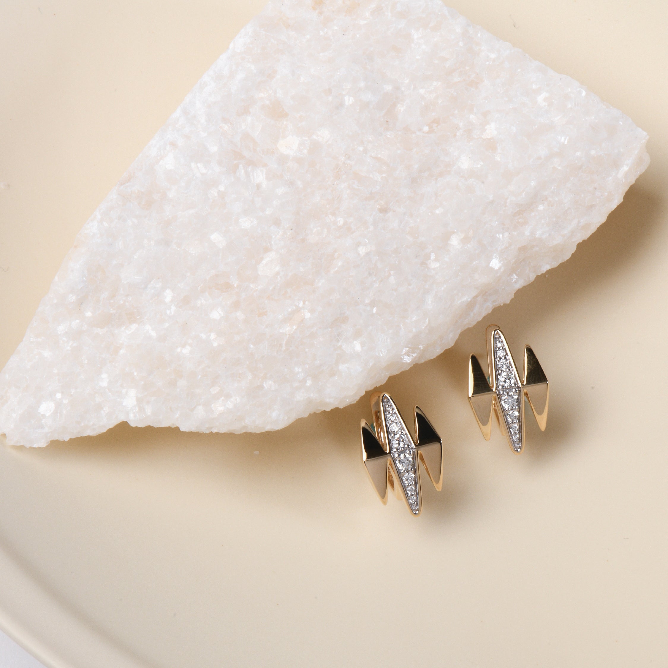 The Finley Earrings - Solid Gold & White Diamond Triptych Earrings