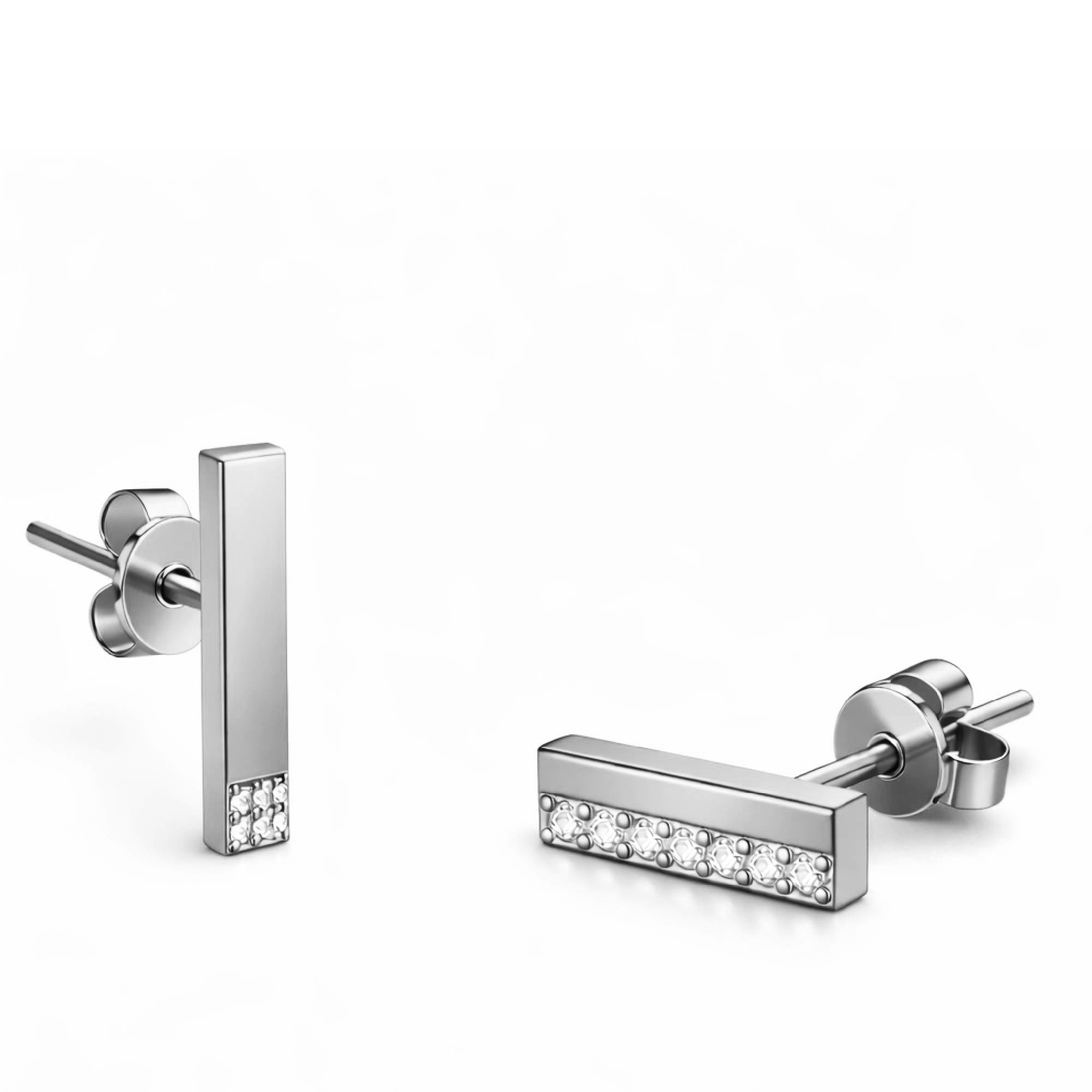 Silver bar earrings with embedded stones on a white background