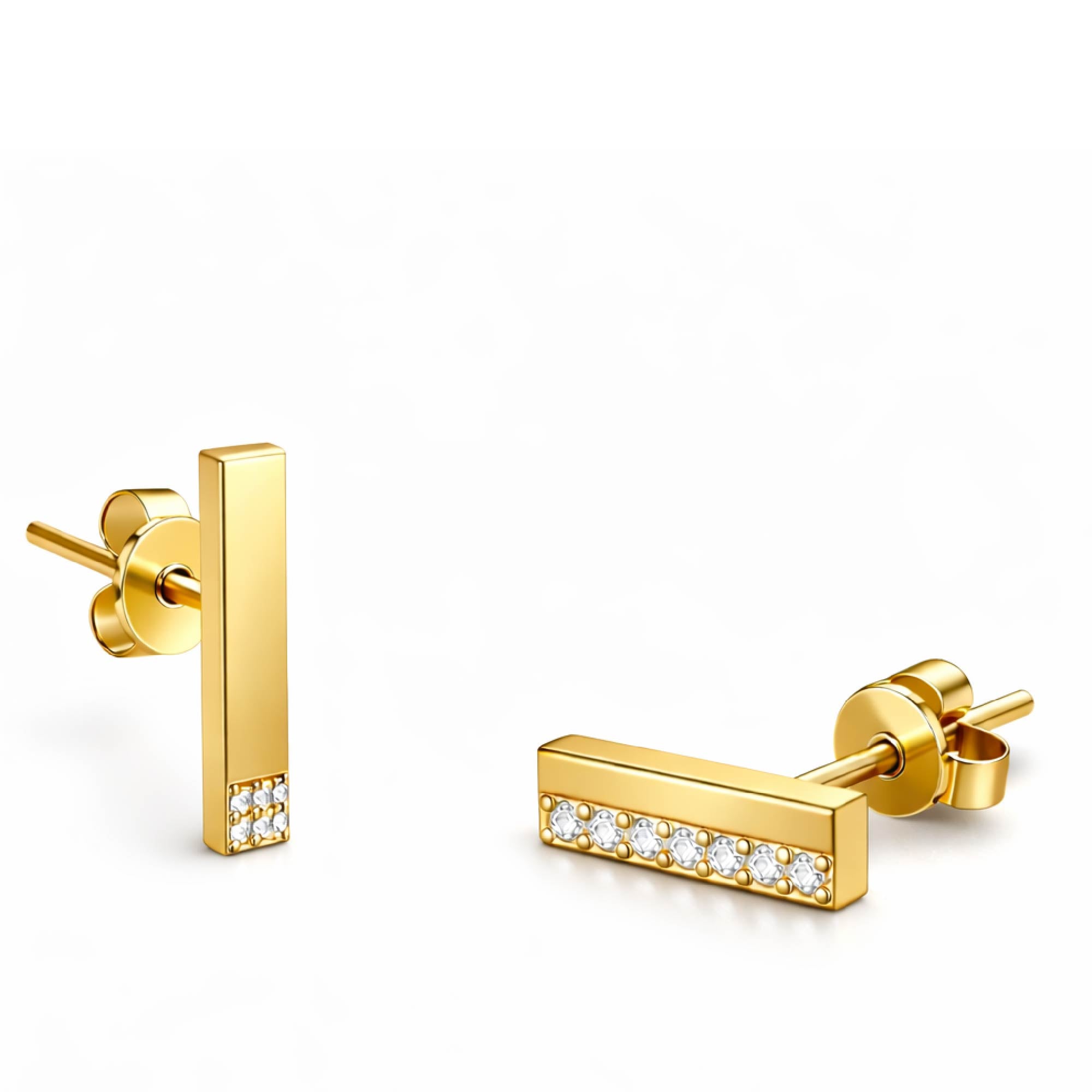 Gold bar earrings with embedded diamonds on a white background
