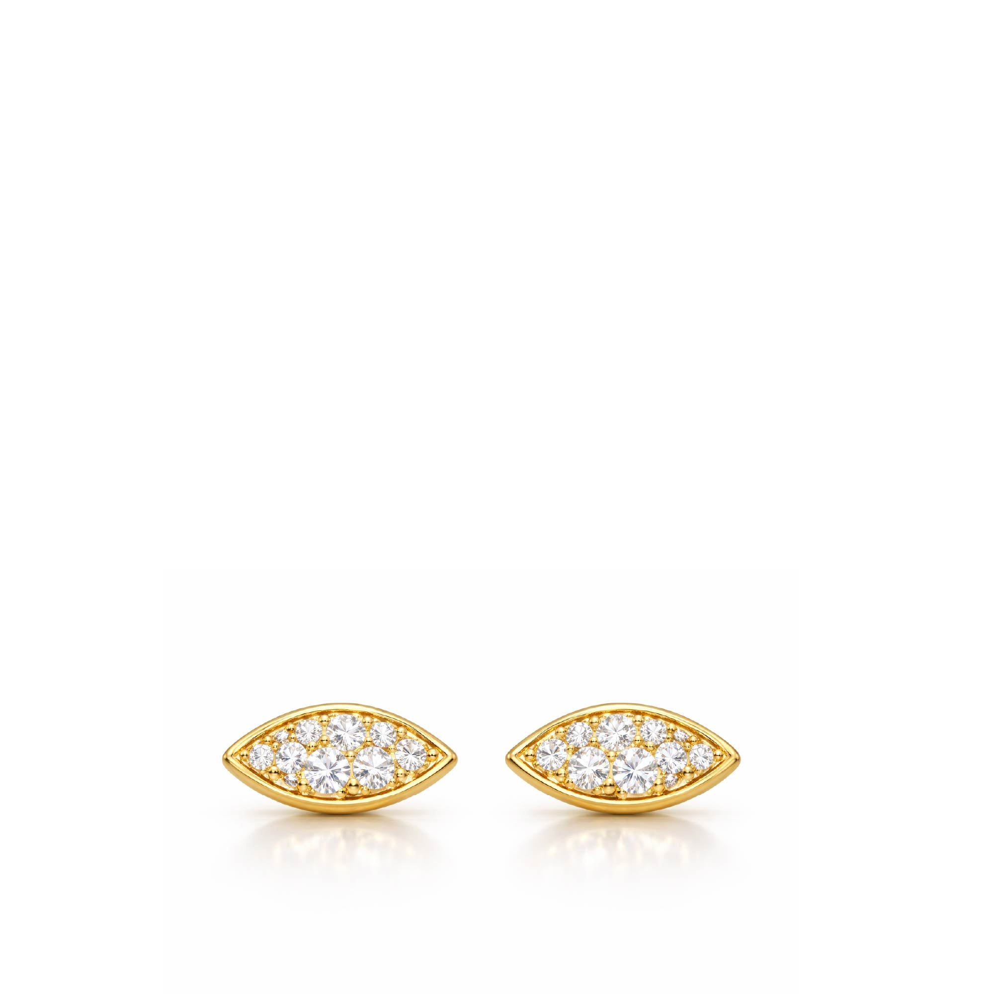 Gold earrings with diamond accents on a white background
