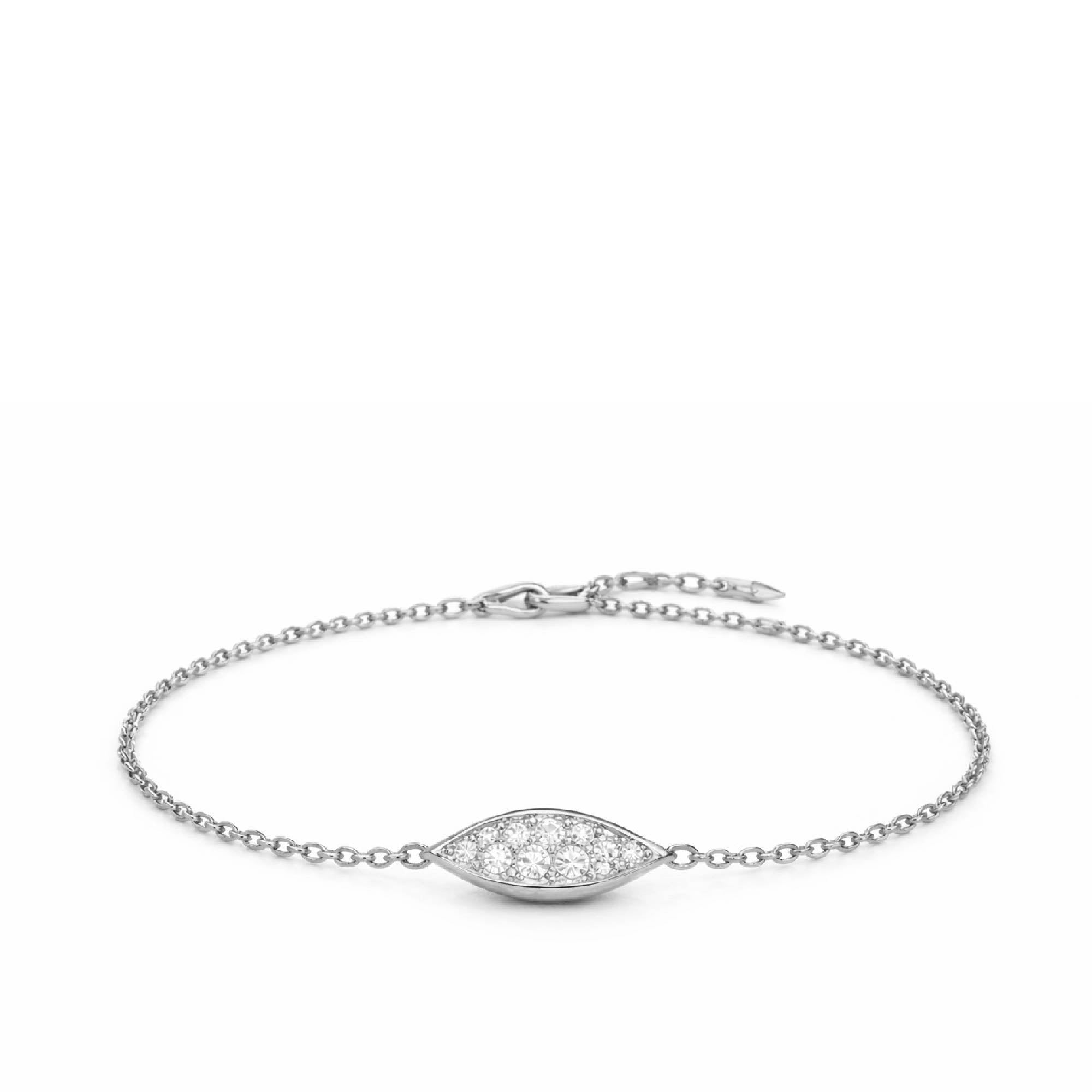 Silver bracelet with a diamond evil eye clasp on a white background