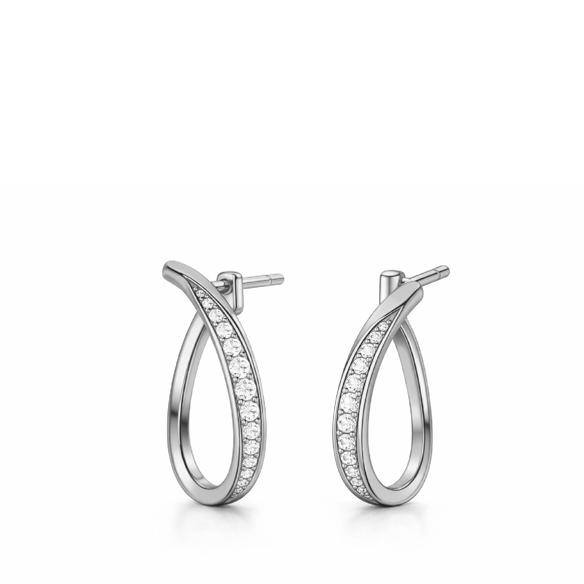 Pair of silver hoop earrings with embedded stones on a white background