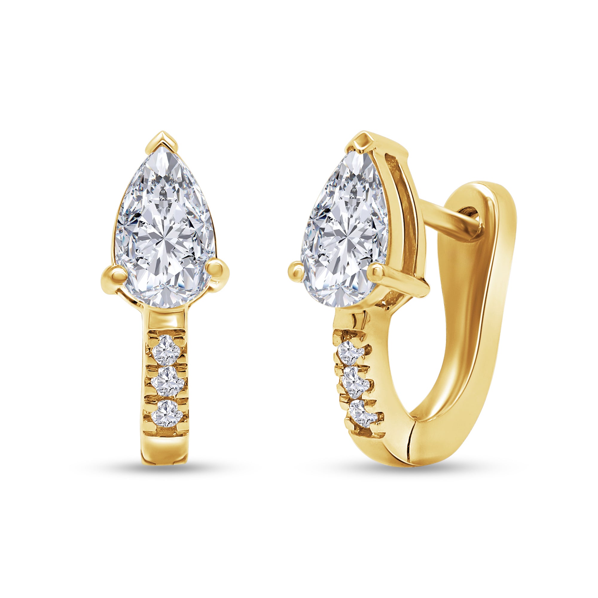 Gold earrings with pear-shaped and round gemstones on a white background