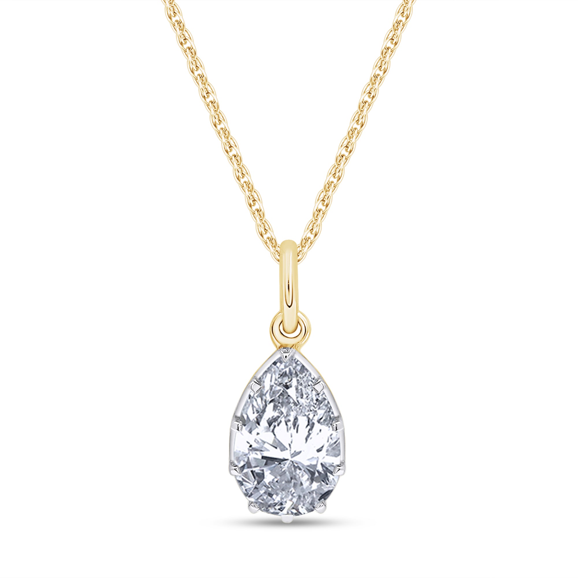 Gold necklace with a teardrop-shaped diamond pendant on a white background