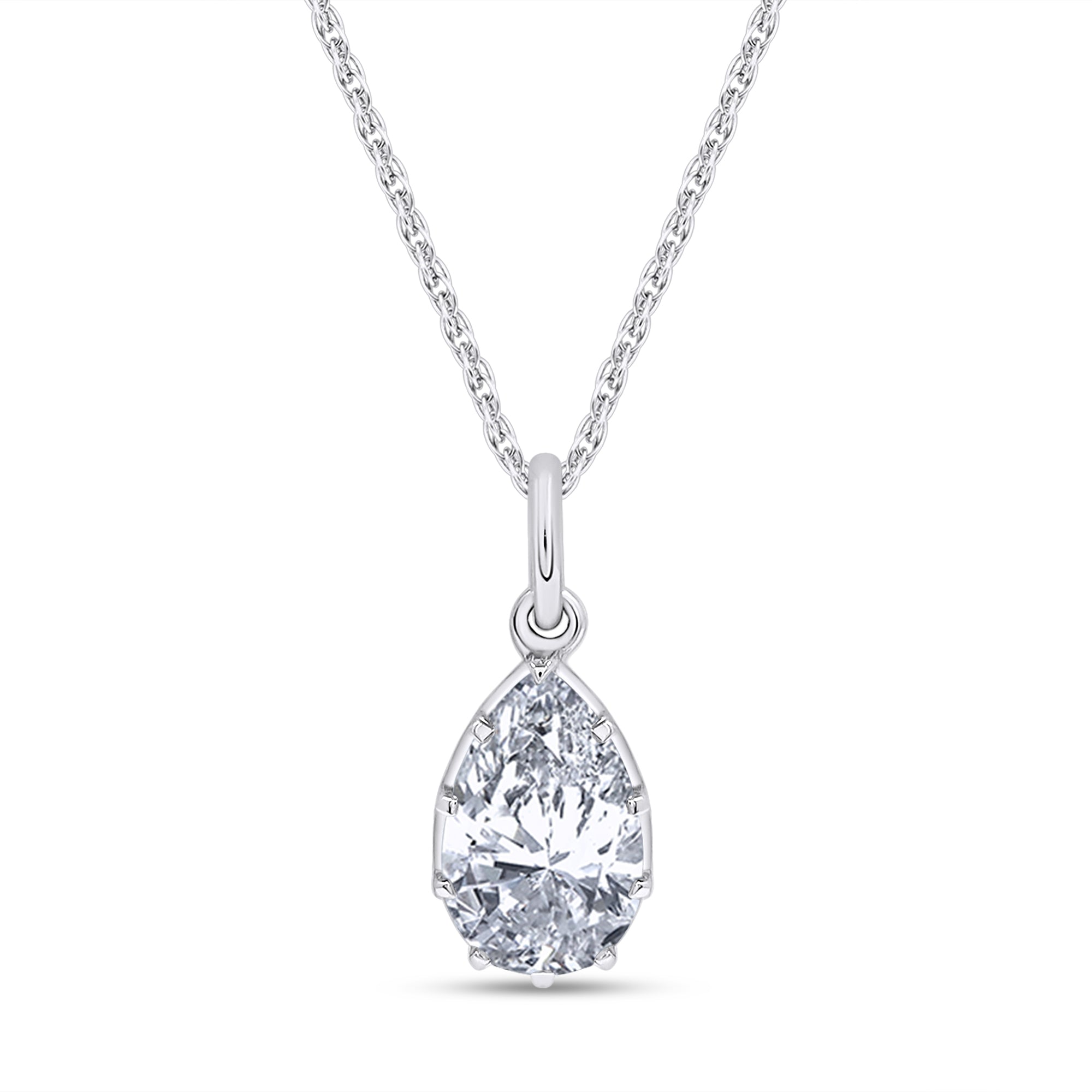 Teardrop-shaped diamond pendant on a chain against a white background