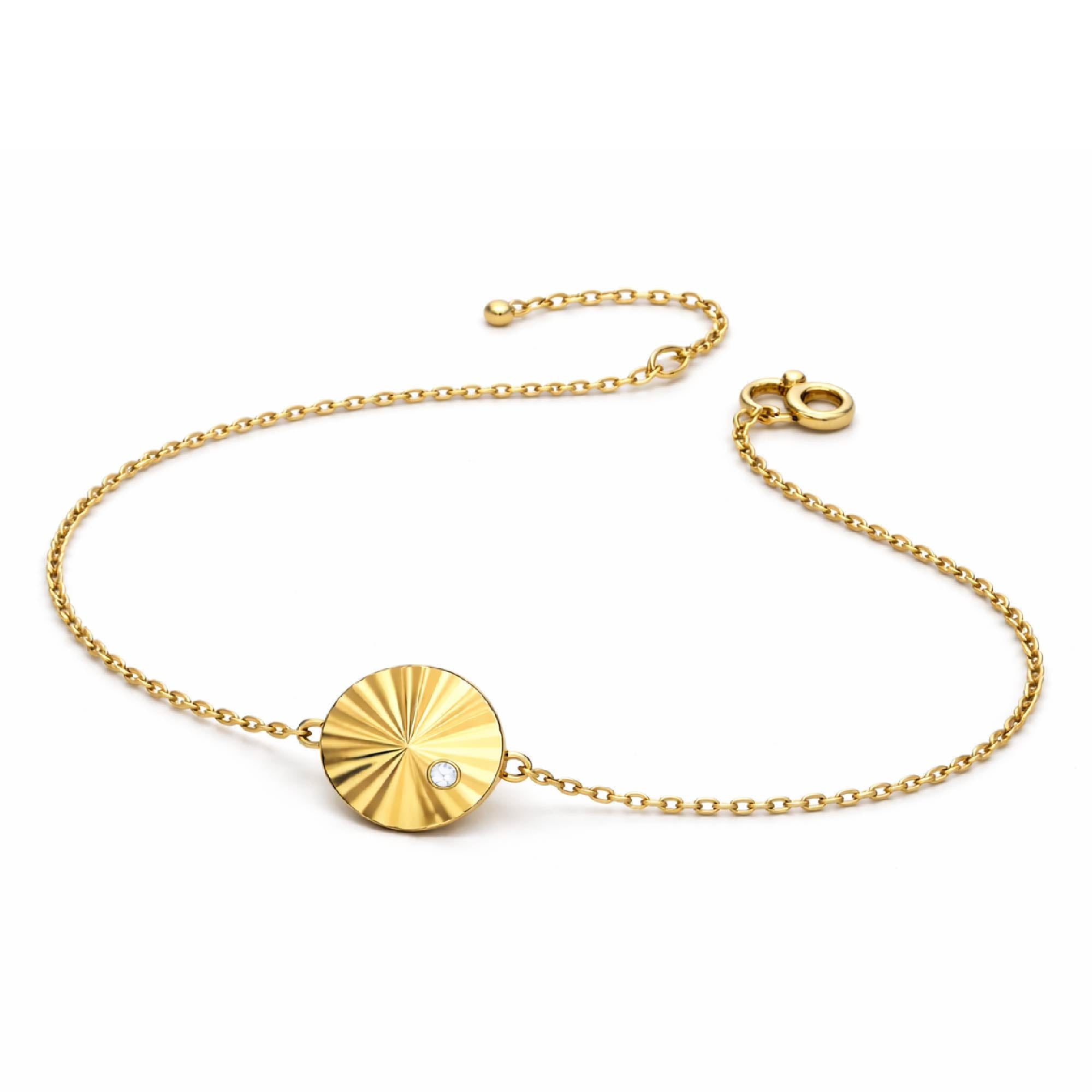 14k gold vermeil bracelet with a circular pendant on a white background