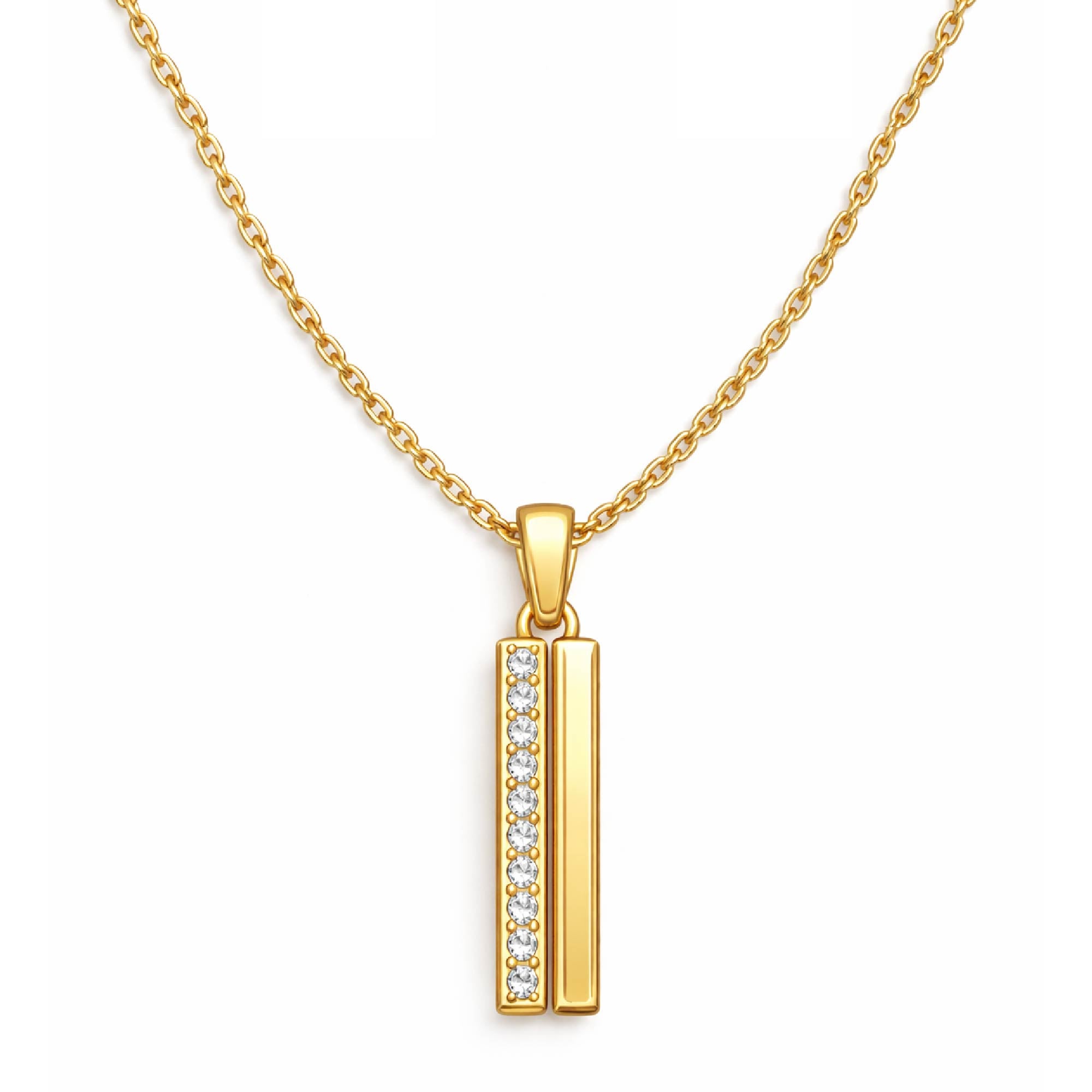 Gold necklace with a cylindrical pendant on a white background
