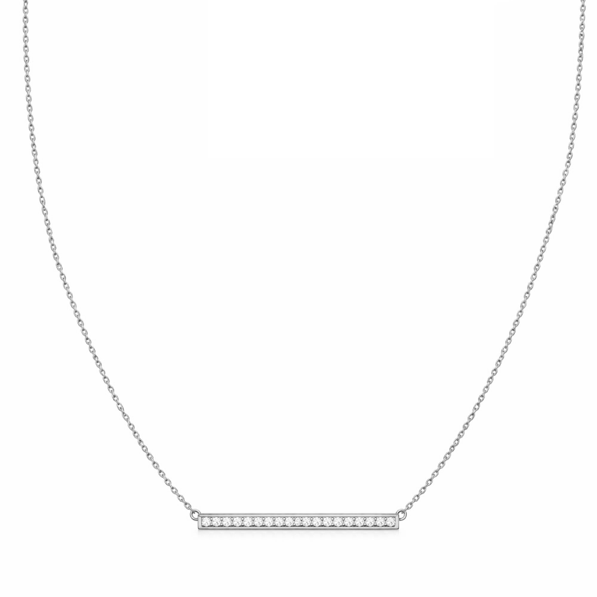 Silver necklace with a bar pendant on a white background