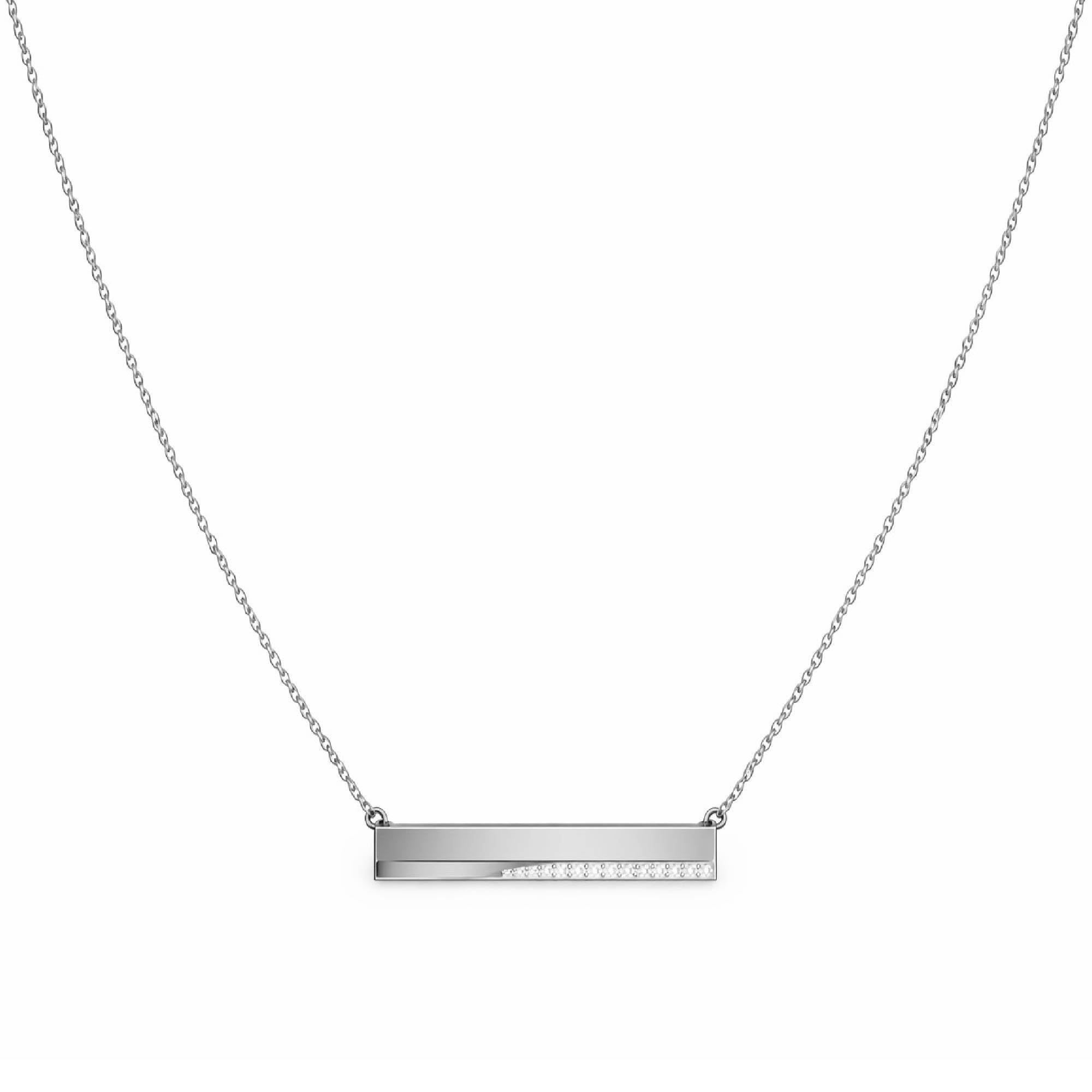 Silver necklace with a bar pendant on a white background