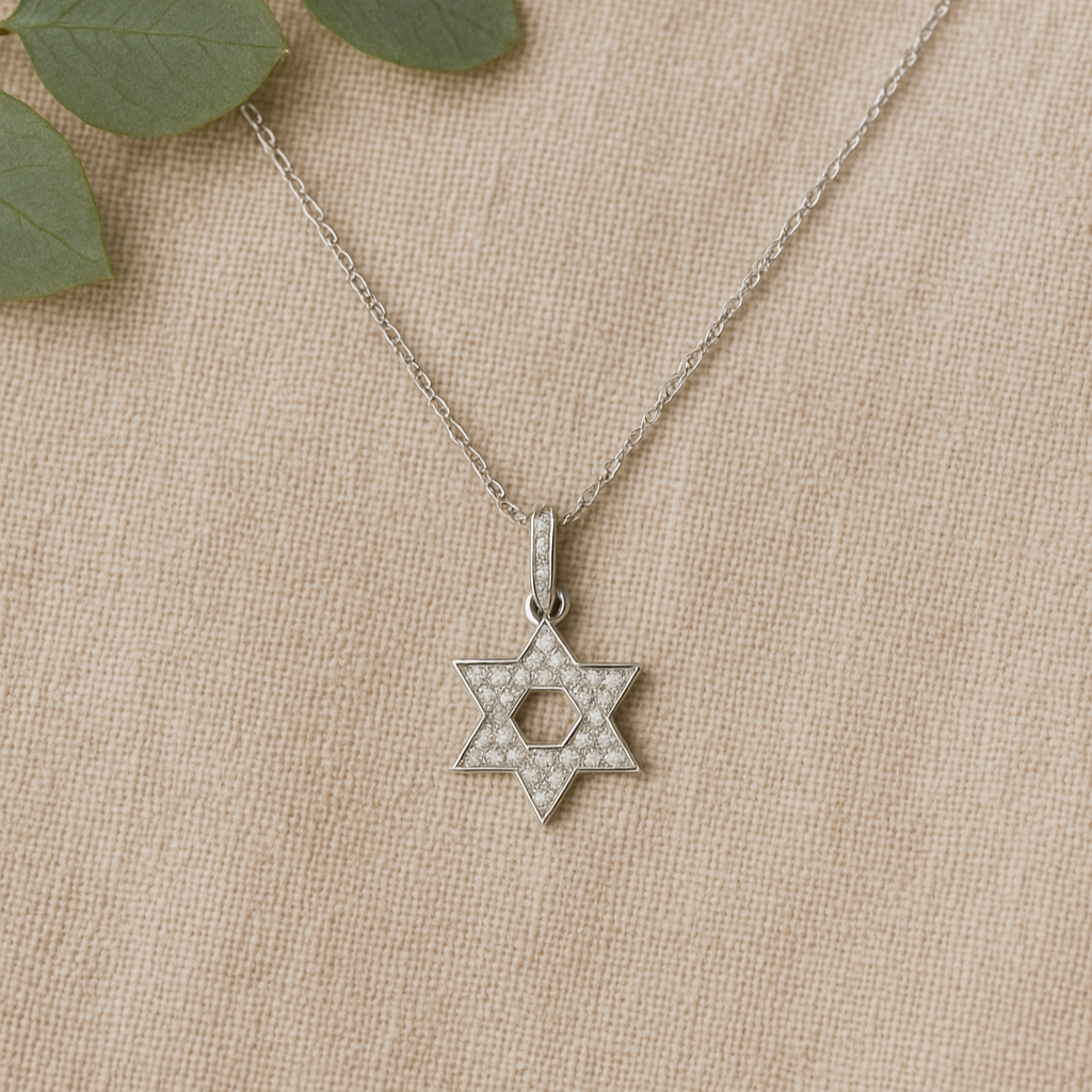 Star of David necklace on a beige fabric background with green leaves