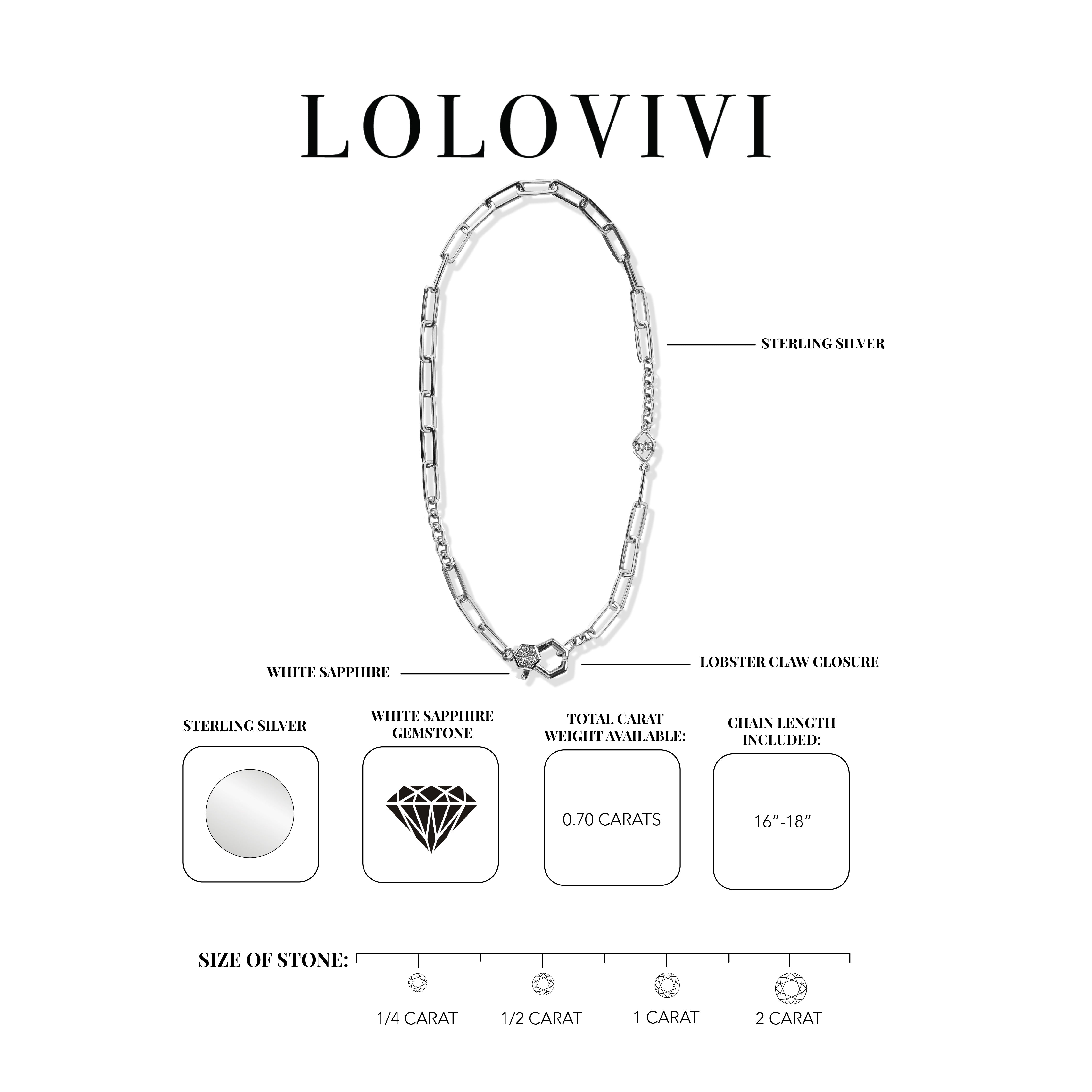 Silver necklace with white sapphire gemstone by LOLOVIVI, featuring product details on a white background.