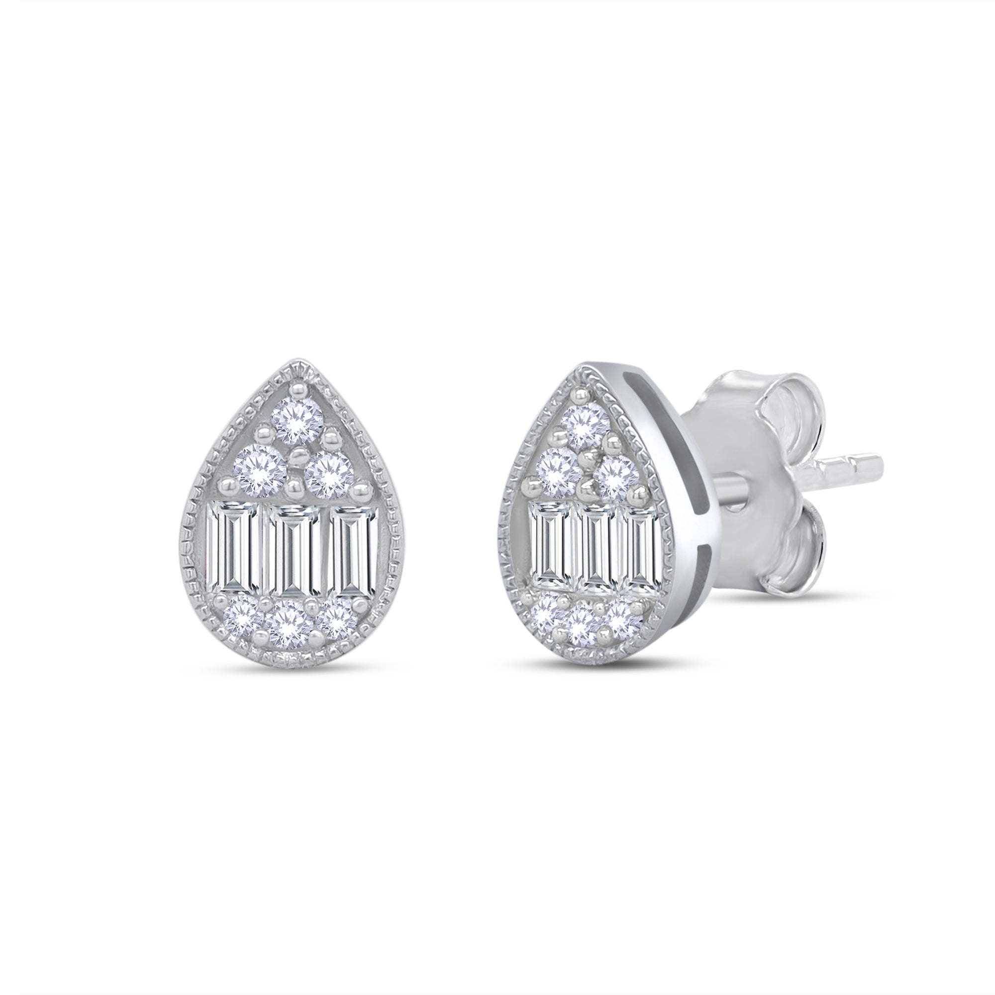 Pair of silver teardrop earrings with clear gemstones on a white background