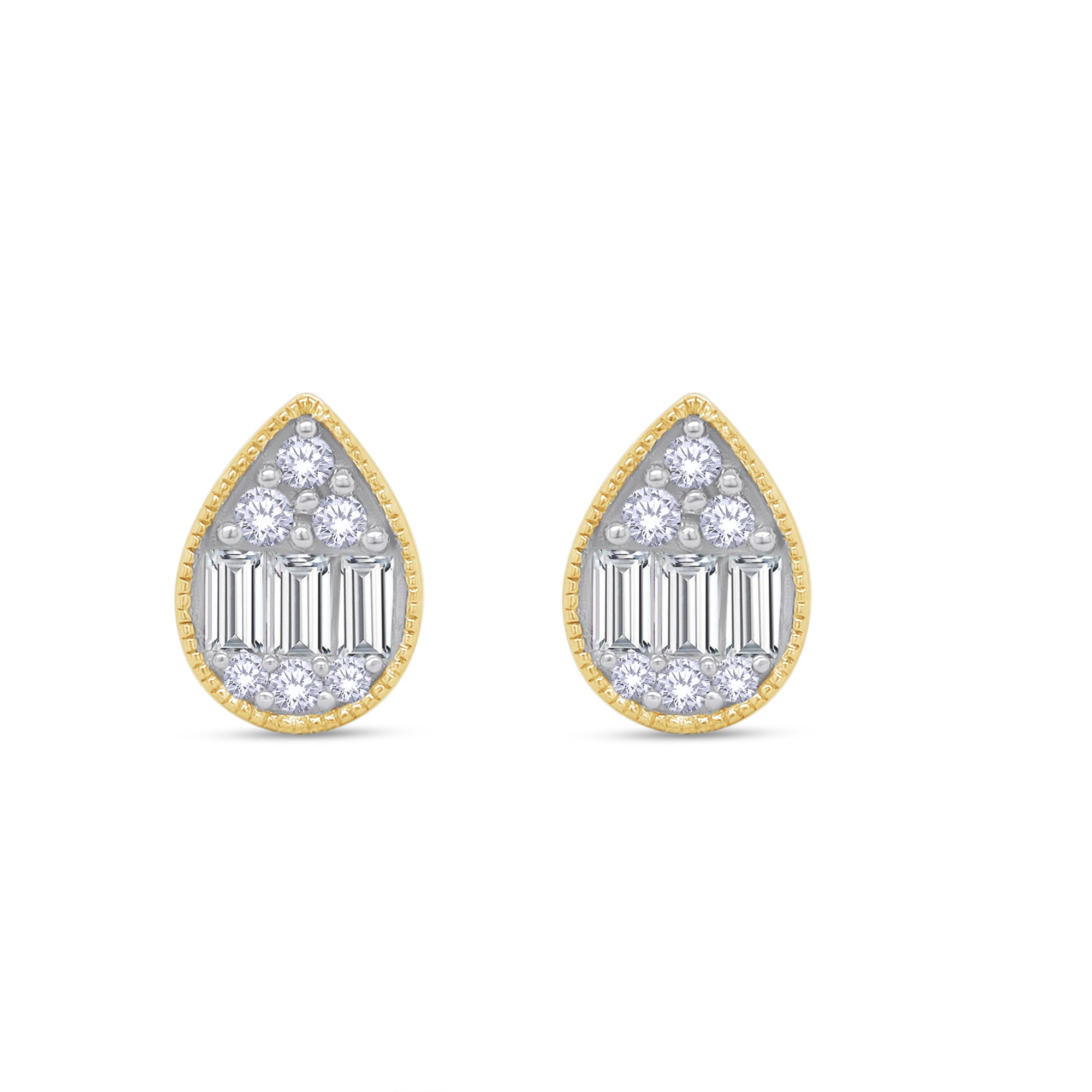 Teardrop-shaped diamond earrings with gold and silver accents on a white background