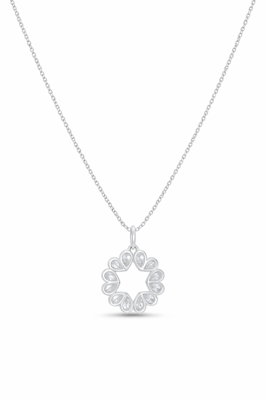 Silver necklace with a star-shaped pendant on a white background