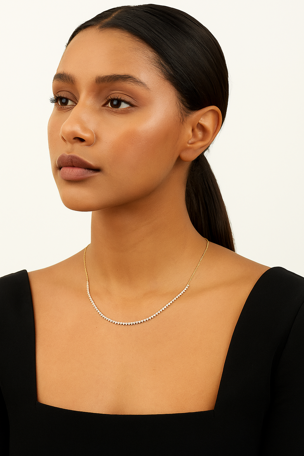 Woman wearing a delicate necklace against a neutral background