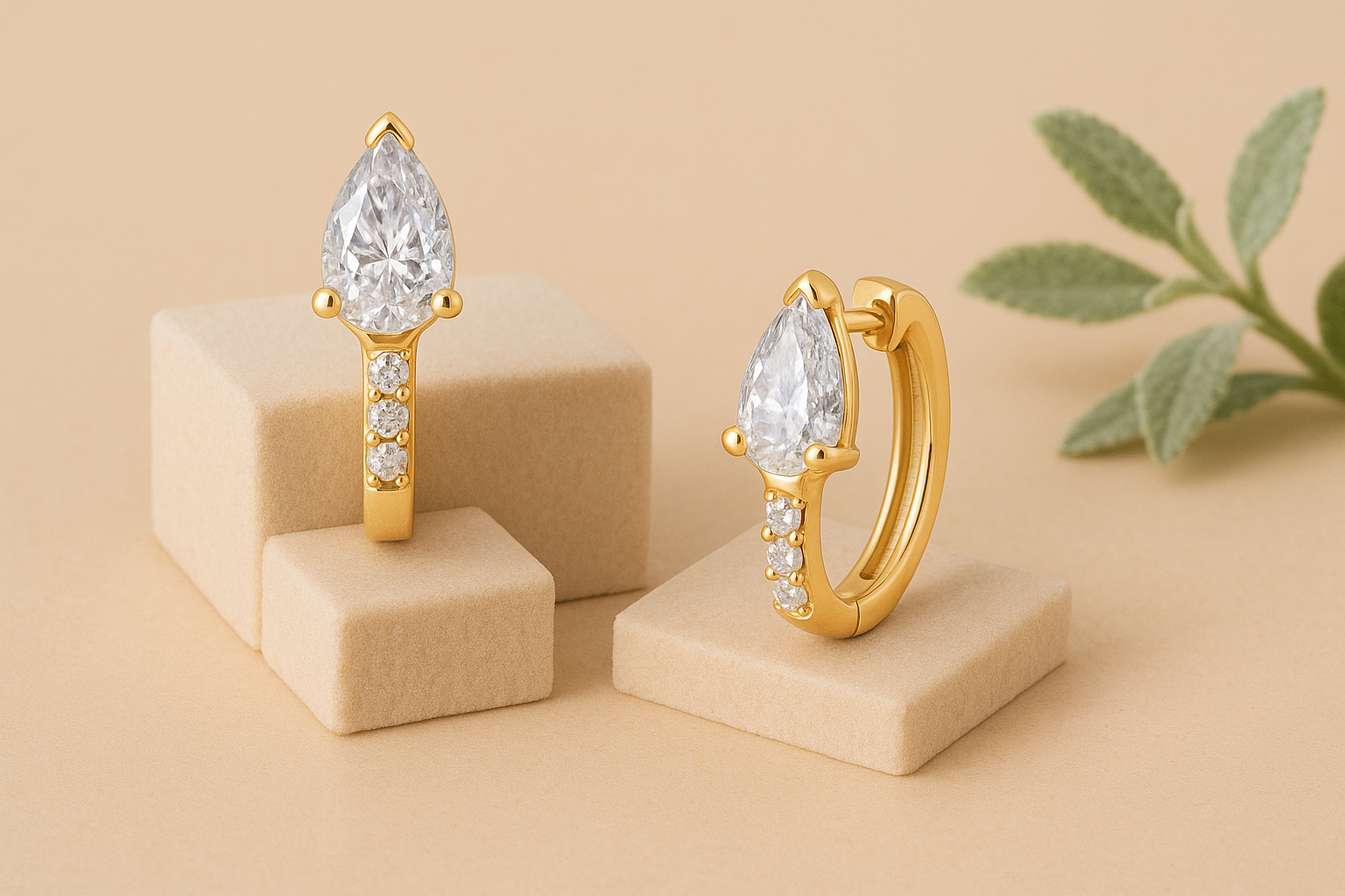 Gold earrings with clear gemstones on beige stands against a beige background