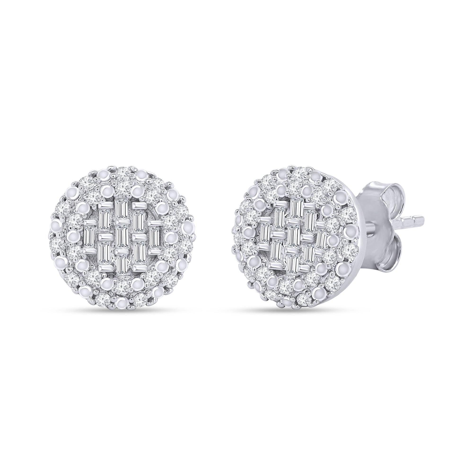 Pair of silver earrings with diamond-like stones on a white background
