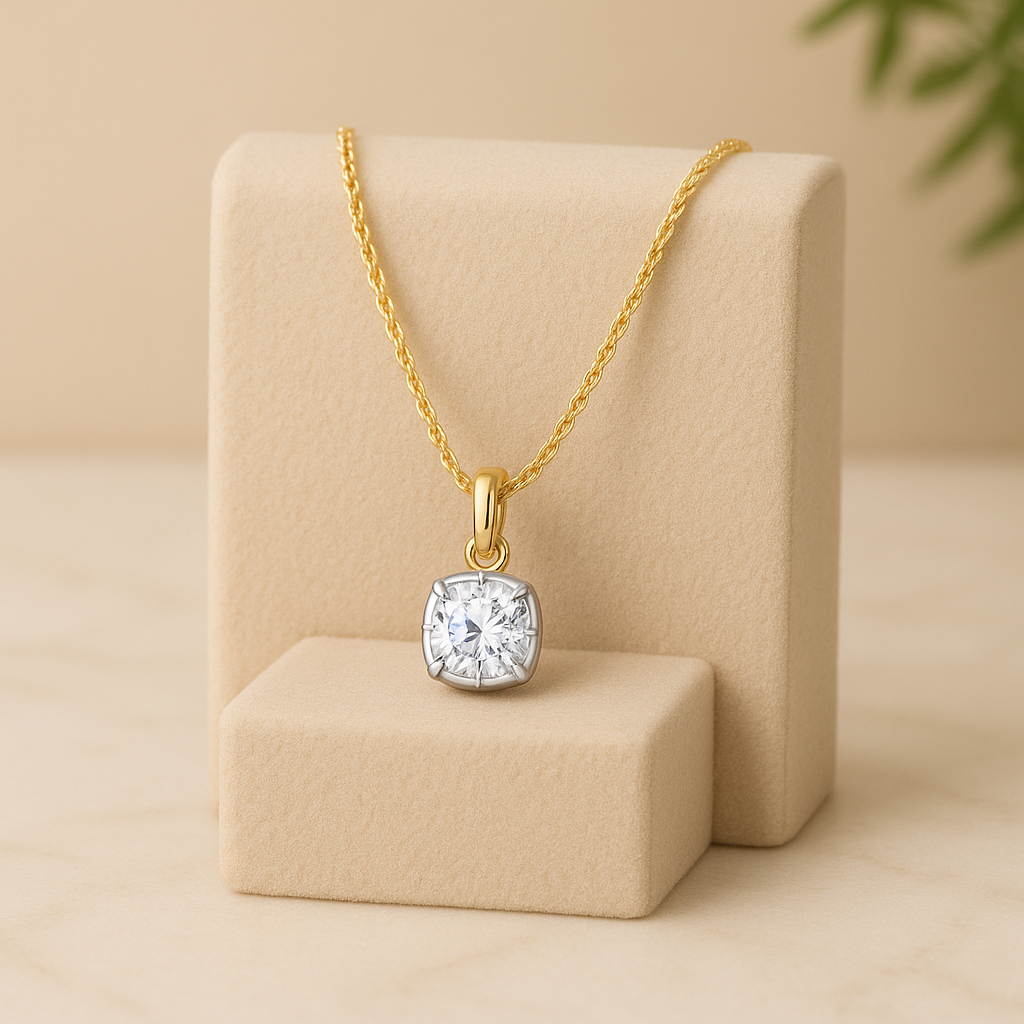 Gold necklace with a diamond pendant on a beige stand