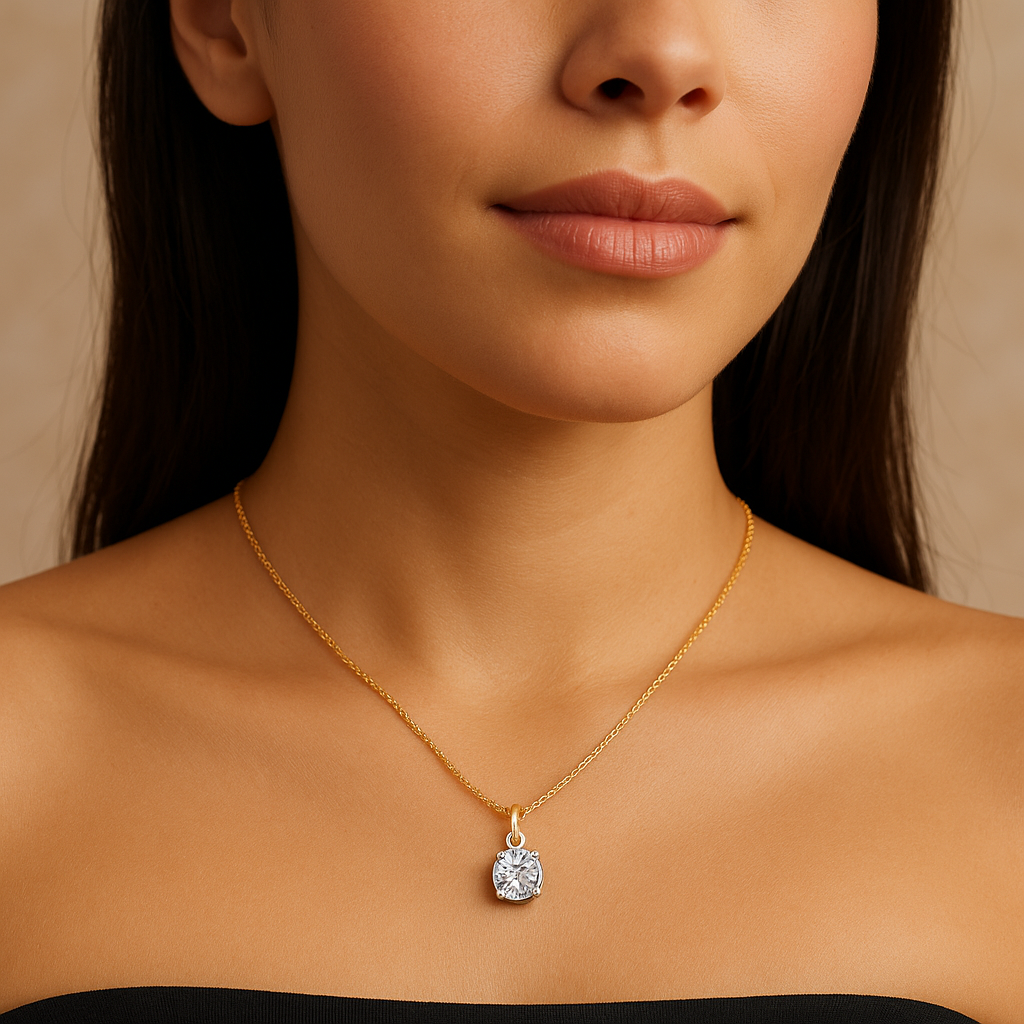 Woman wearing a gold necklace with a diamond pendant against a neutral background