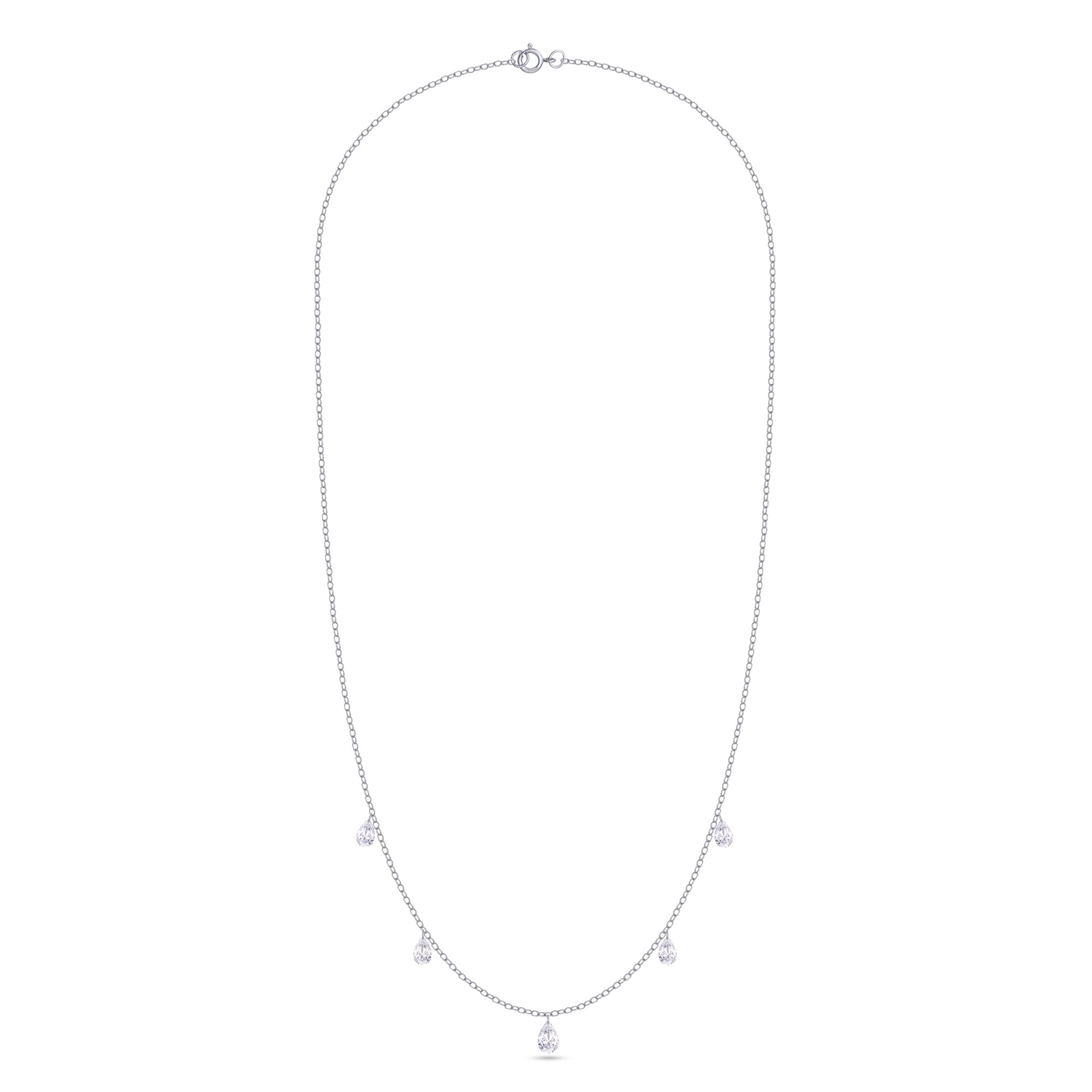 Silver necklace with small pendants on a white background