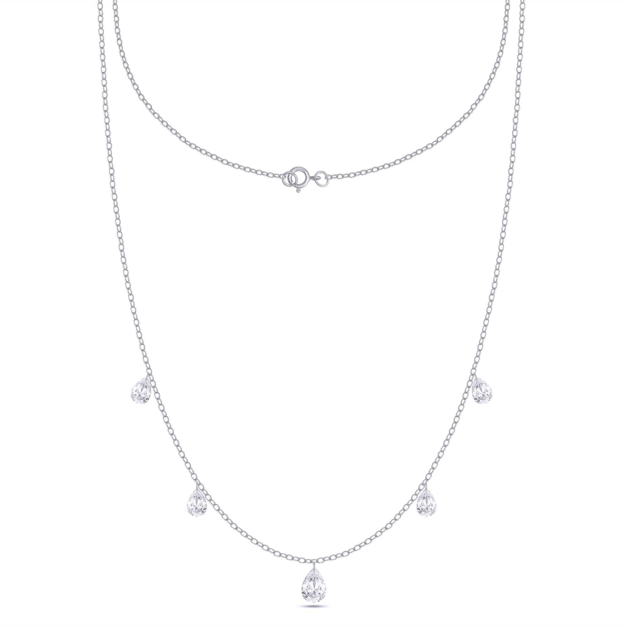 Delicate silver necklace with small teardrop-shaped pendants on a white background