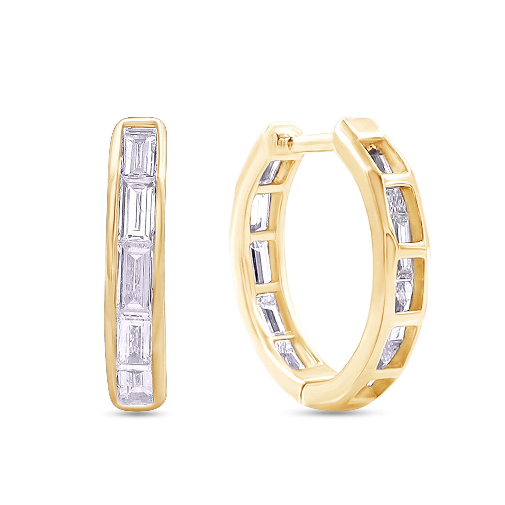 Gold hoop earrings with diamond accents on a white background