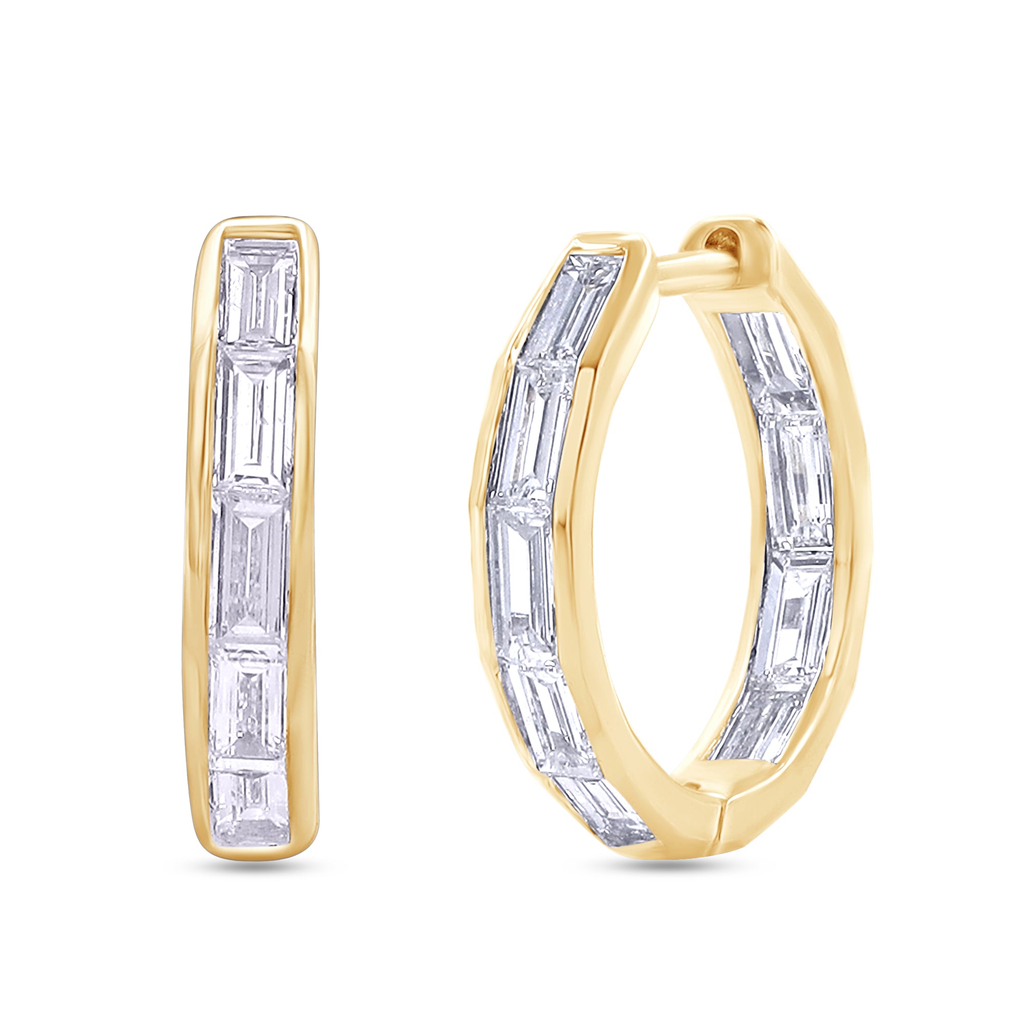 Gold hoop earrings with baguette cut diamonds on a white background