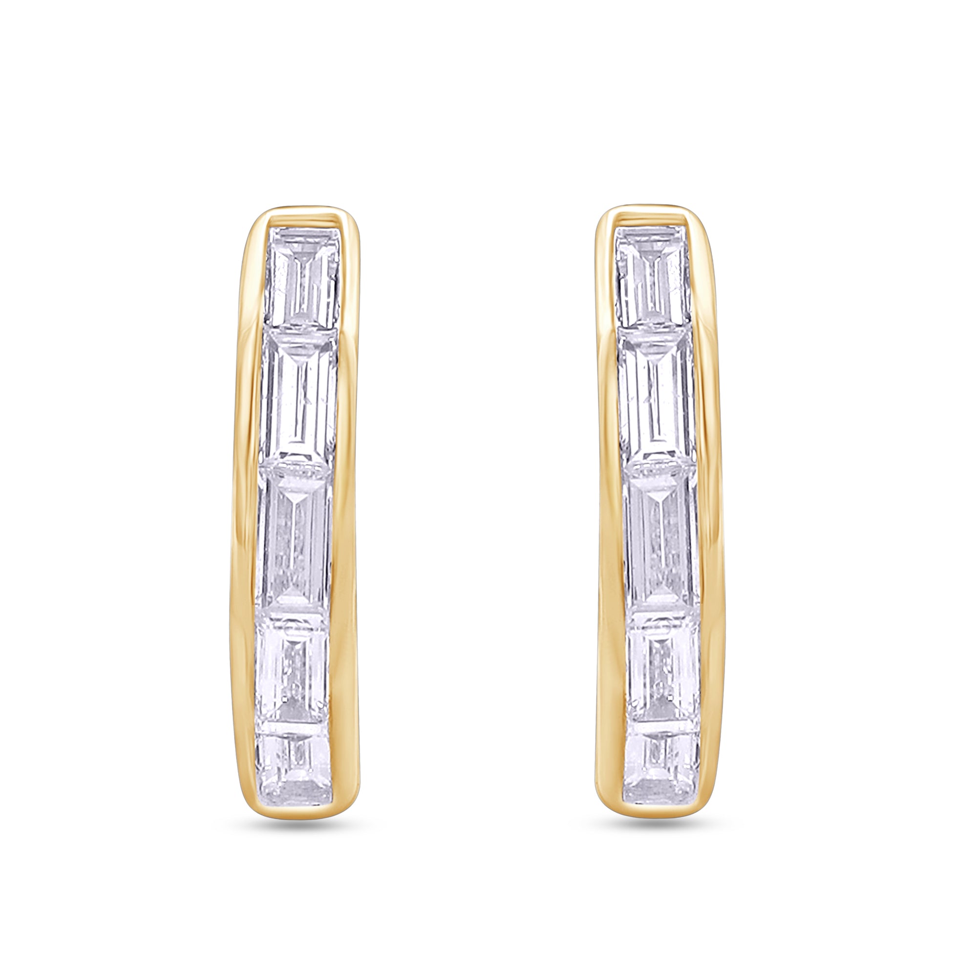 Gold hoop earrings with baguette cut gemstones on a white background