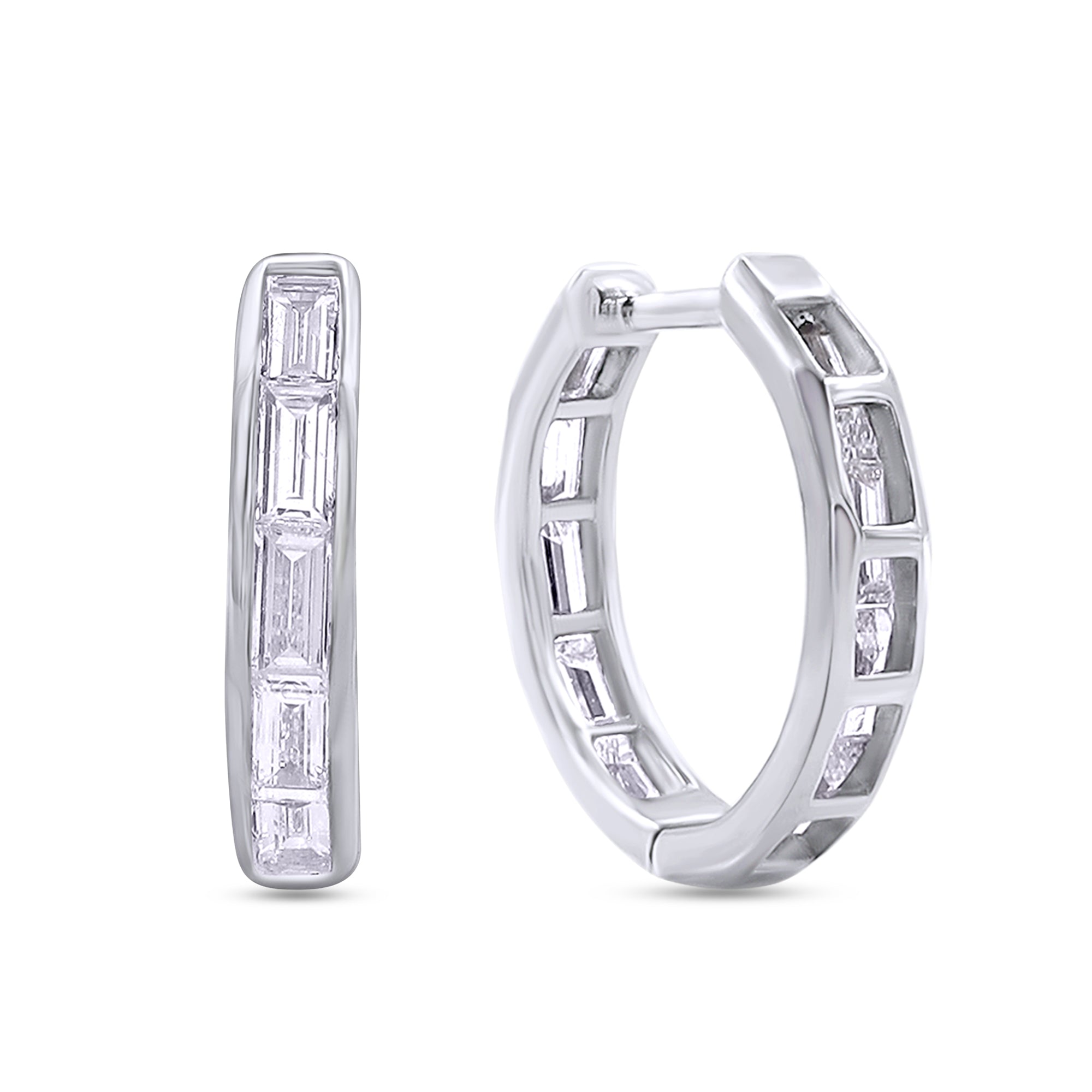 Silver hoop earrings with baguette cut gemstones on a white background